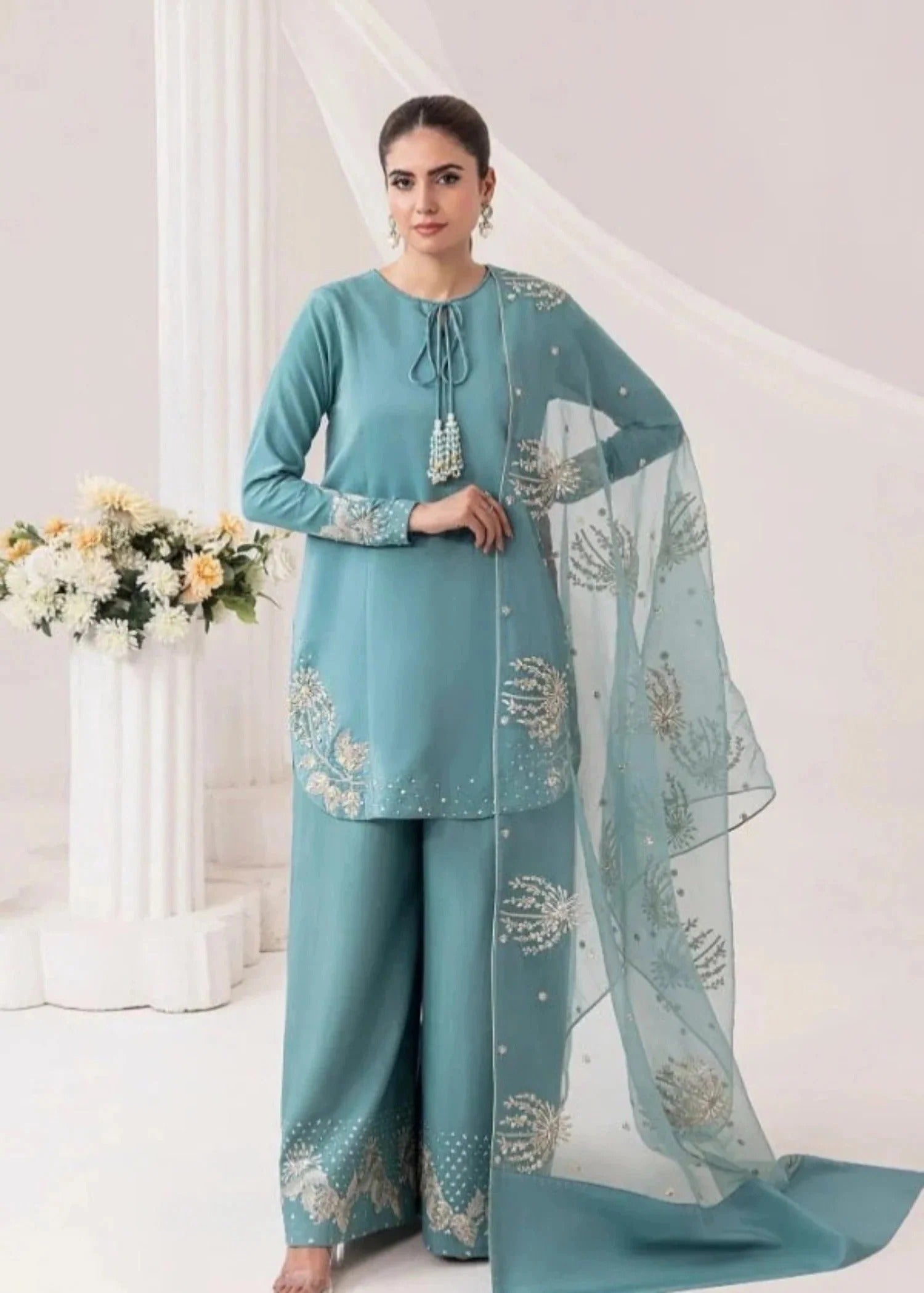 linen Kurta Set in Sky blue