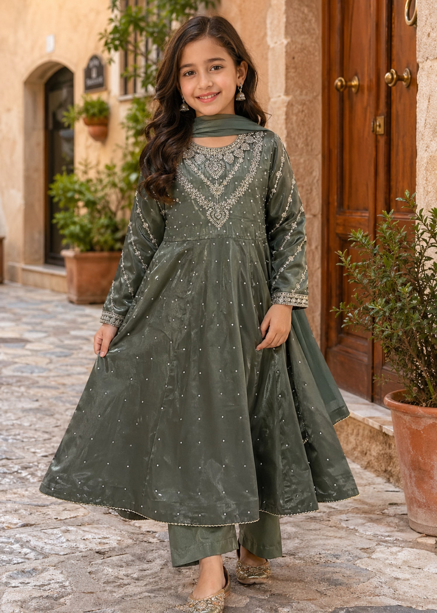 silk Pishwas in Dark grey