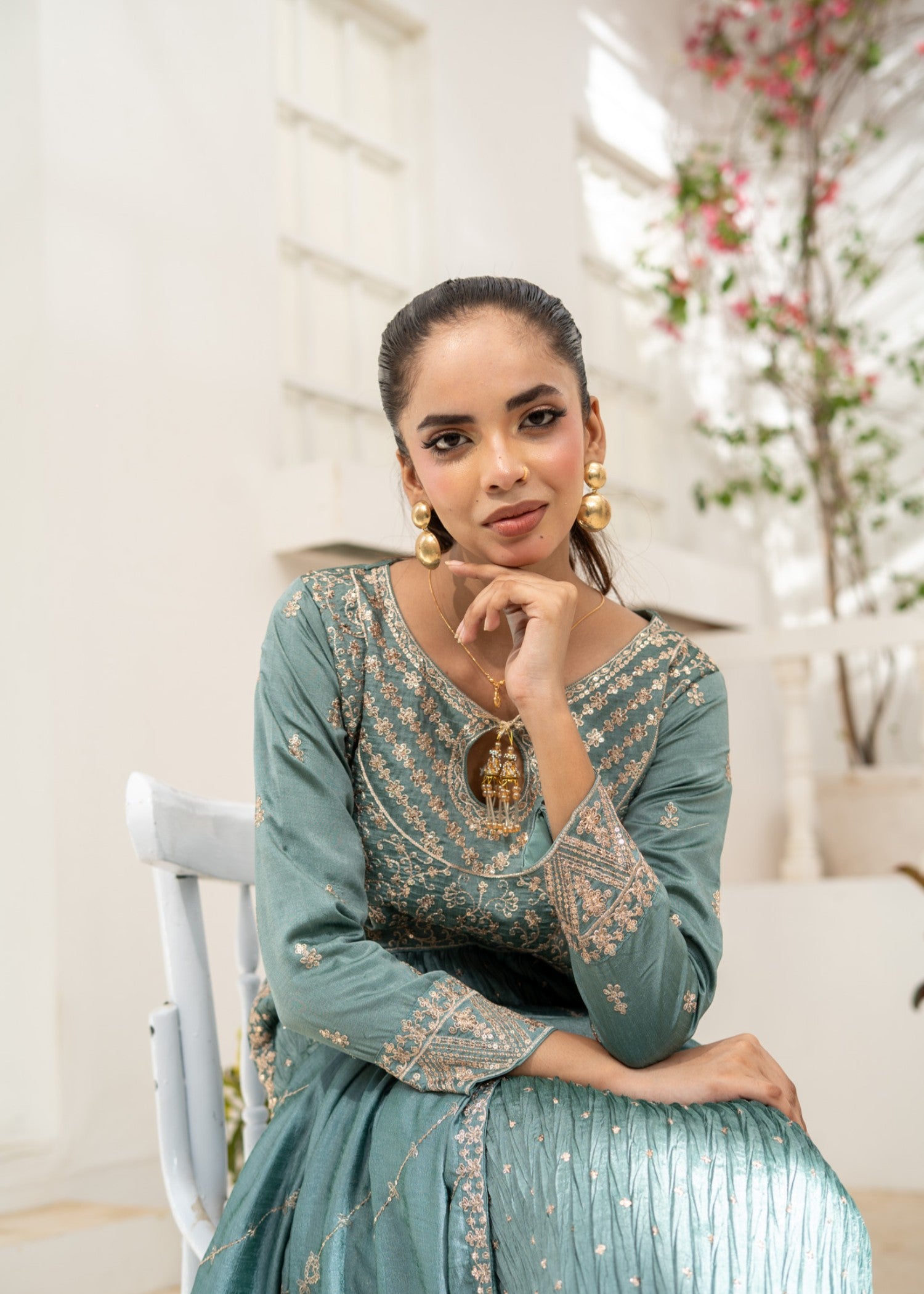 raw silk Kurta Set in Moss green