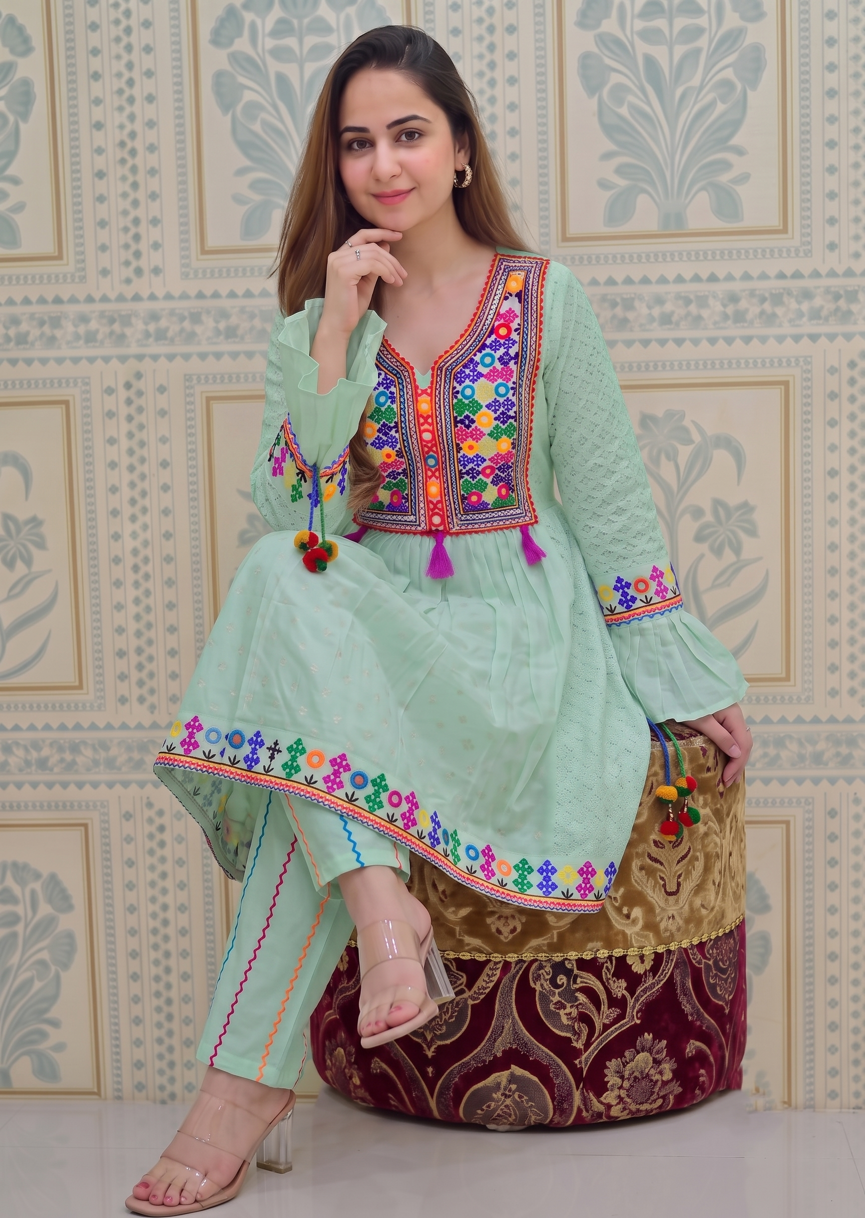 lawn cotton Short Frock in Mint green