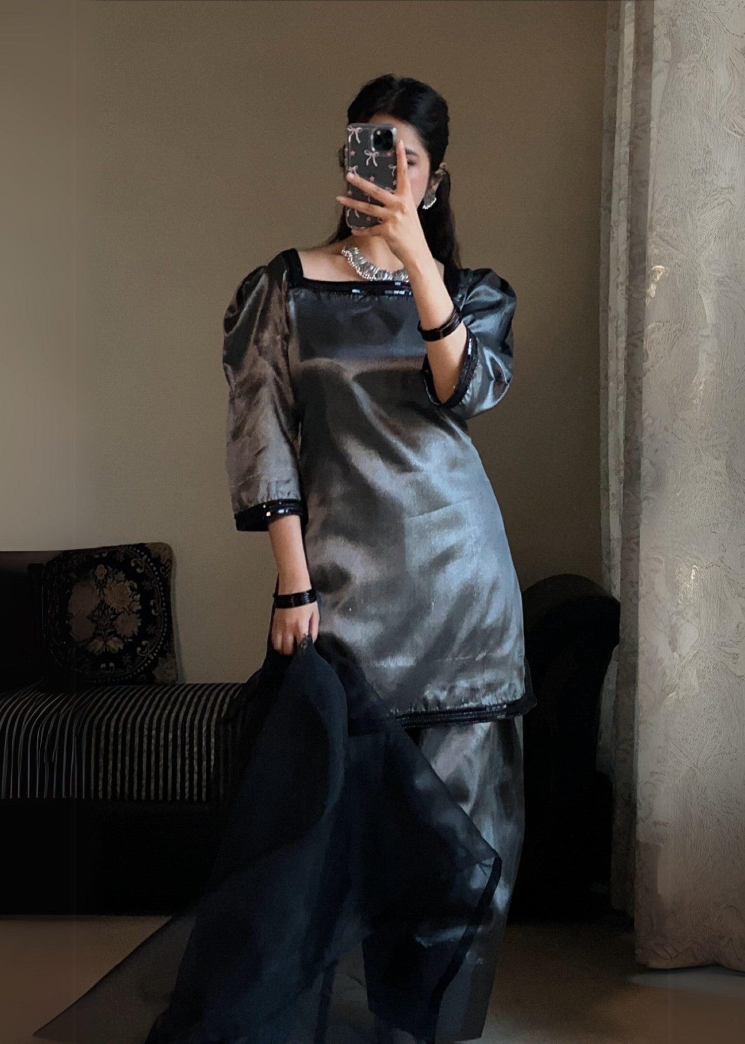 tissue silk Kurta Set in Charcoal black