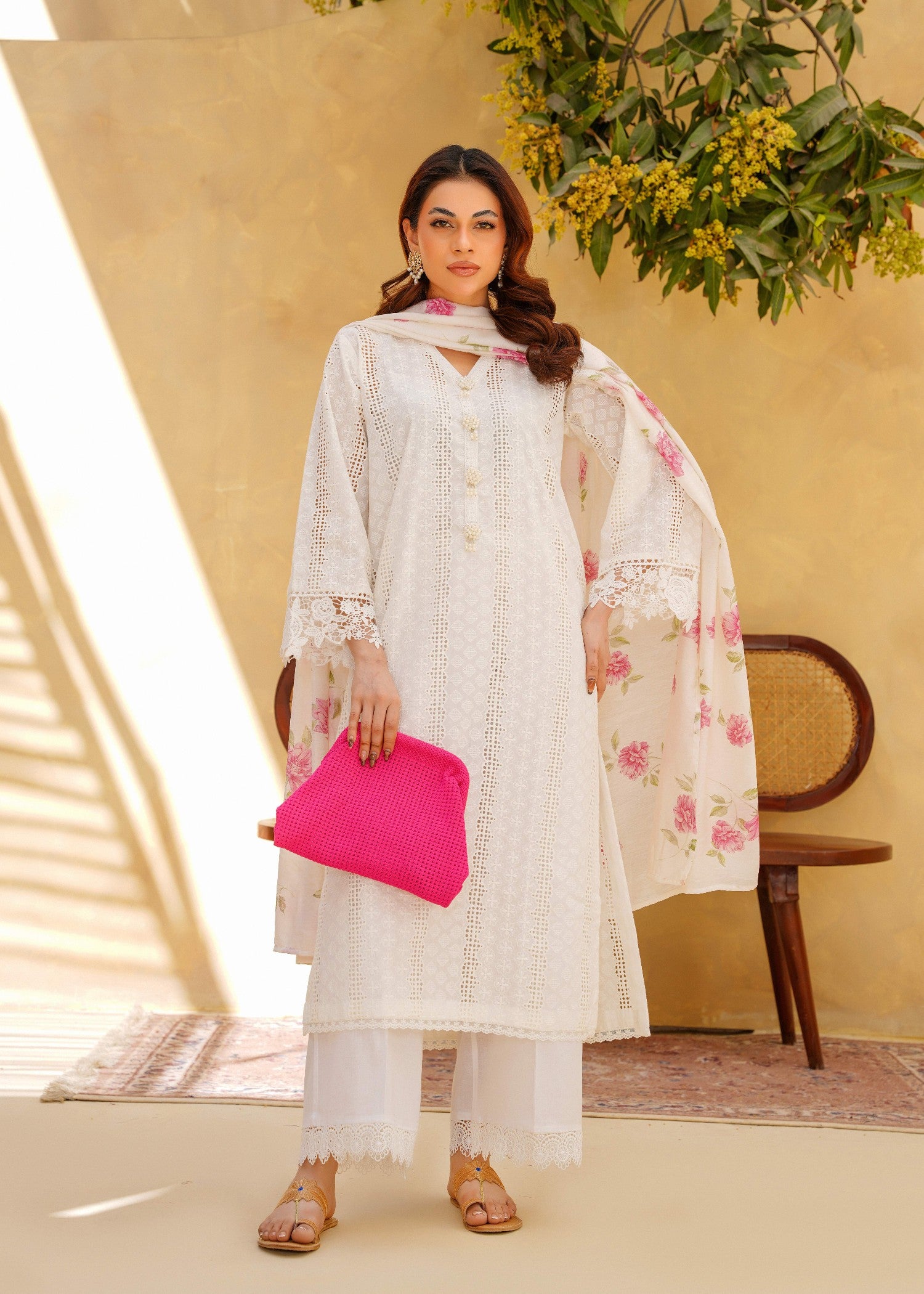 chikankari cotton Kurta Set in White