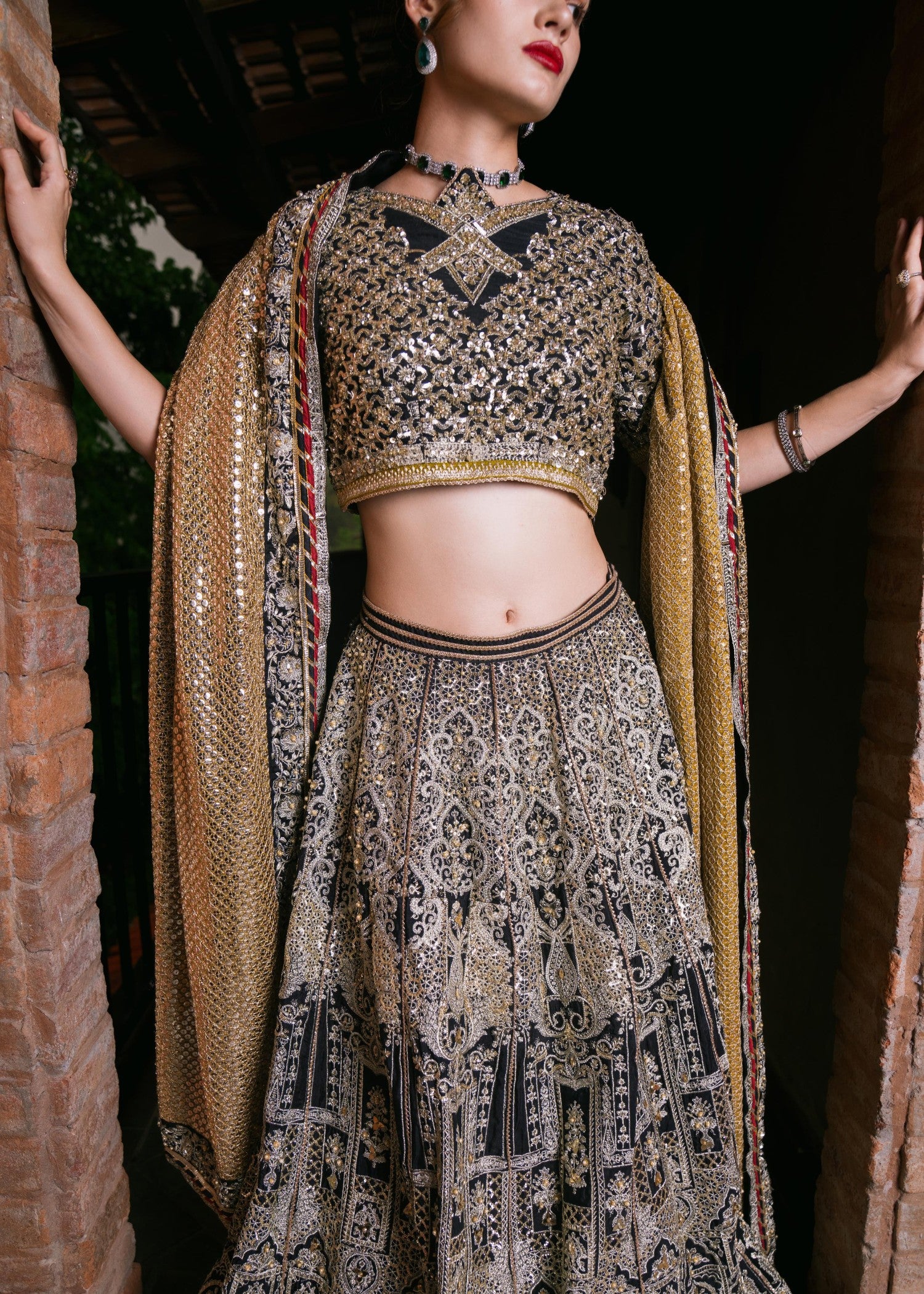 silk Lehenga in Yellow, black