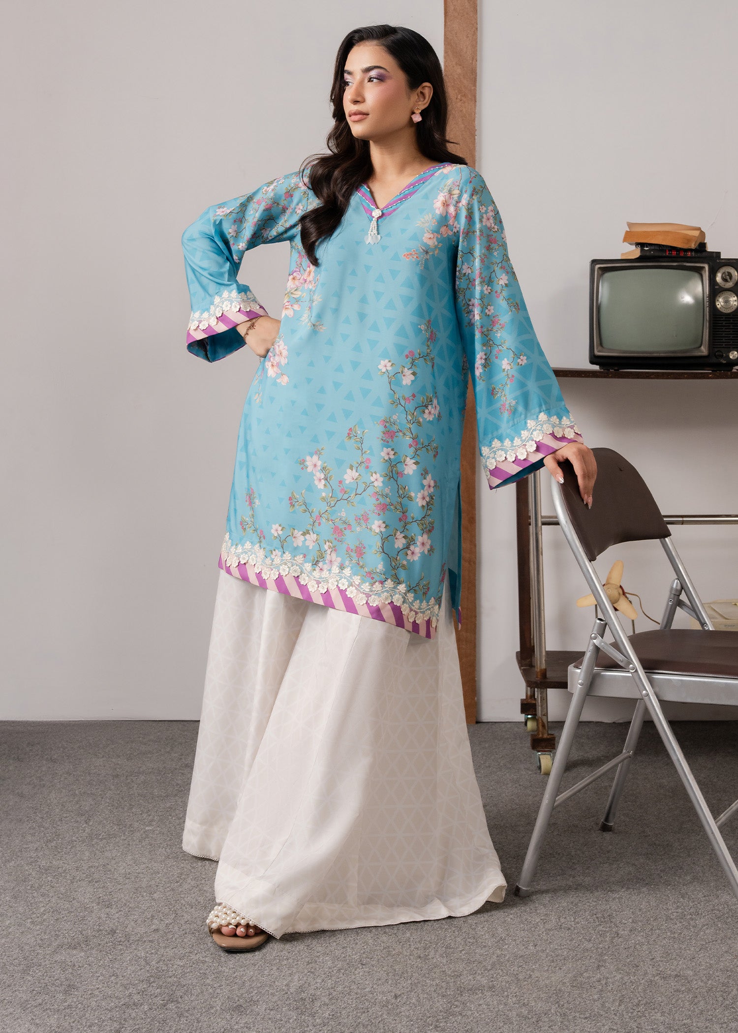 poly lawn Kurta Set in Sky blue