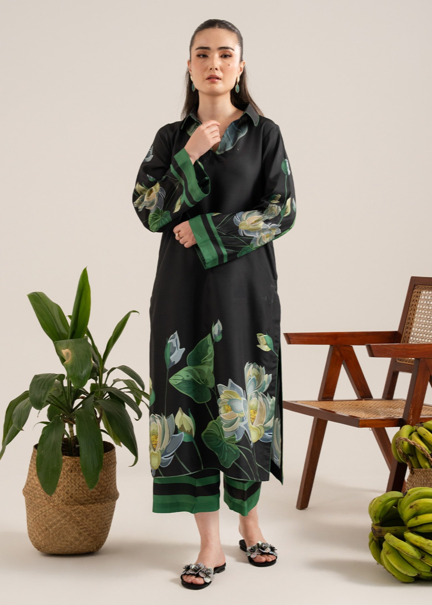 poly lawn Kurta Set in Green