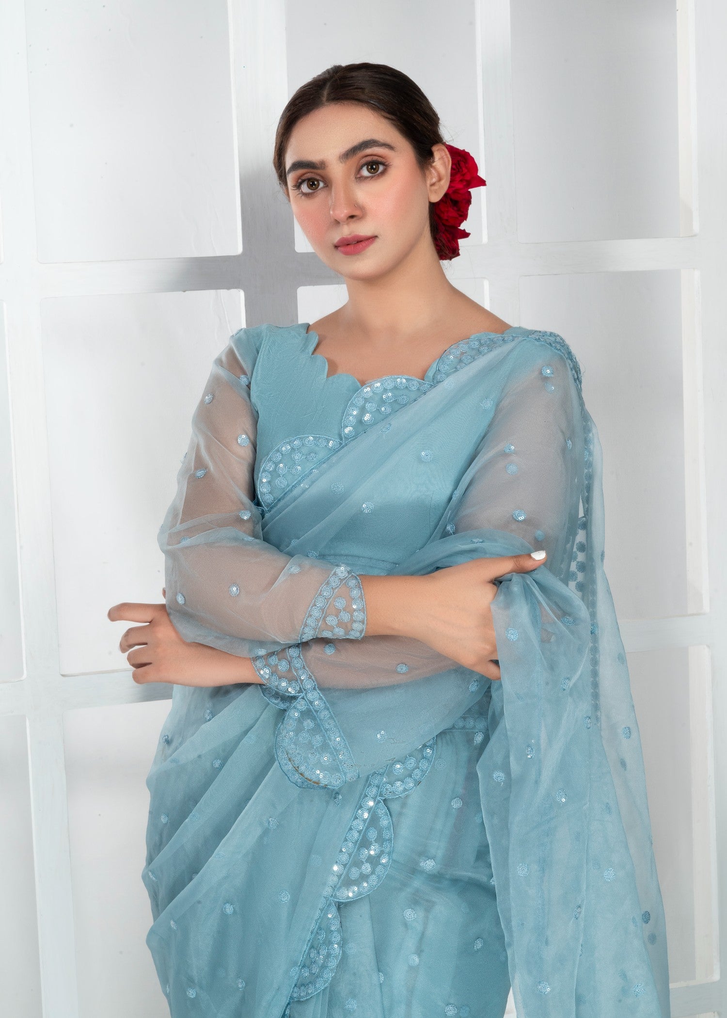 raw silk Saree in Ice blue