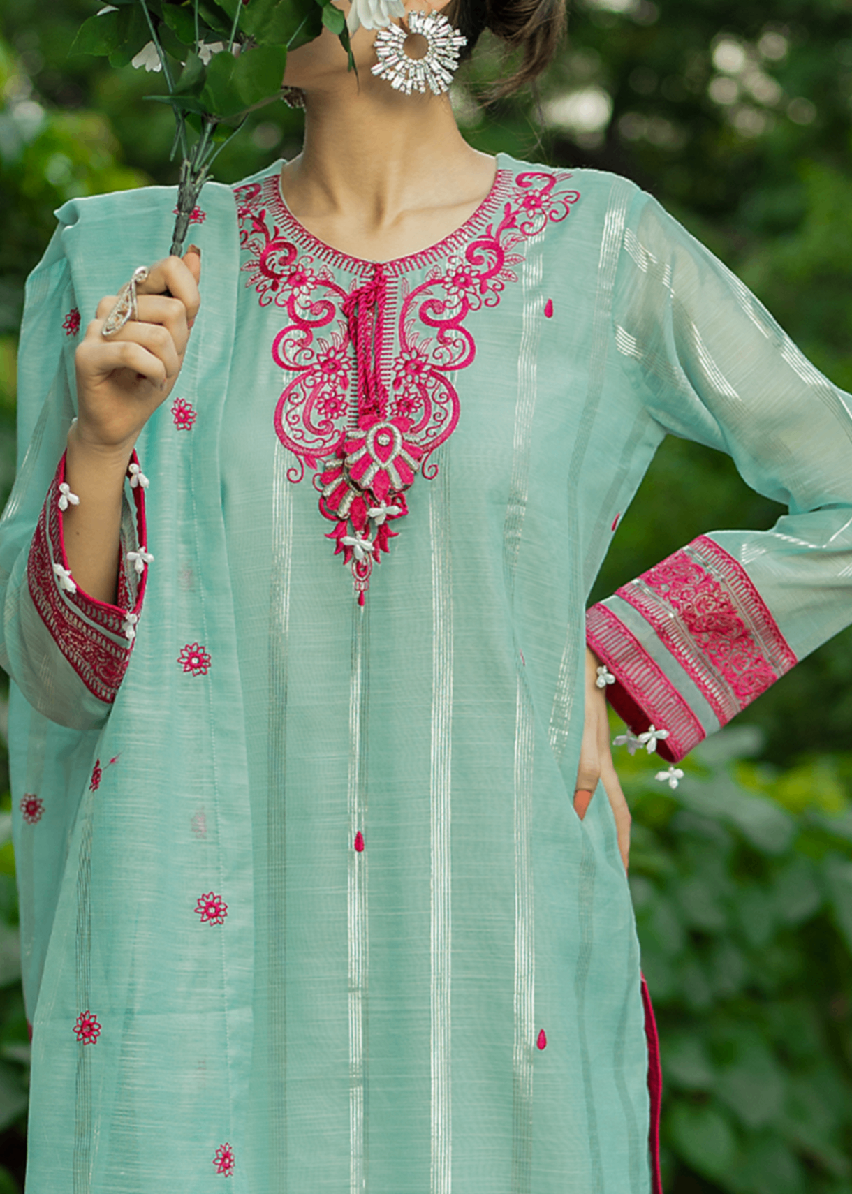 zari organza Kurta Set in Aquamarine
