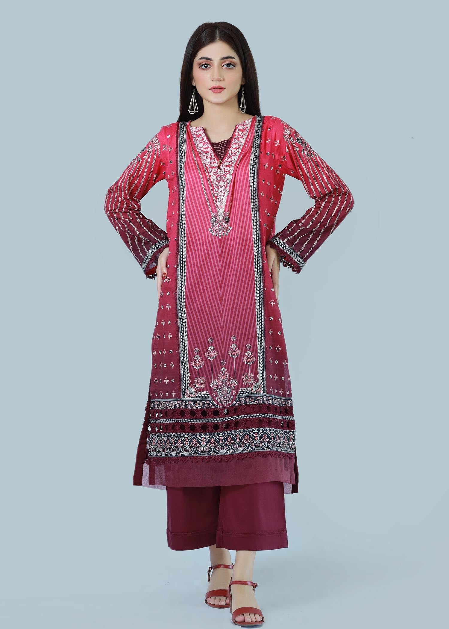 lawn Kurta Set in Maroon