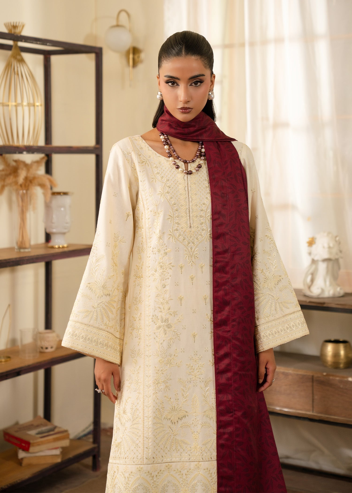 karandi Kurta Set in Off-white, maroon