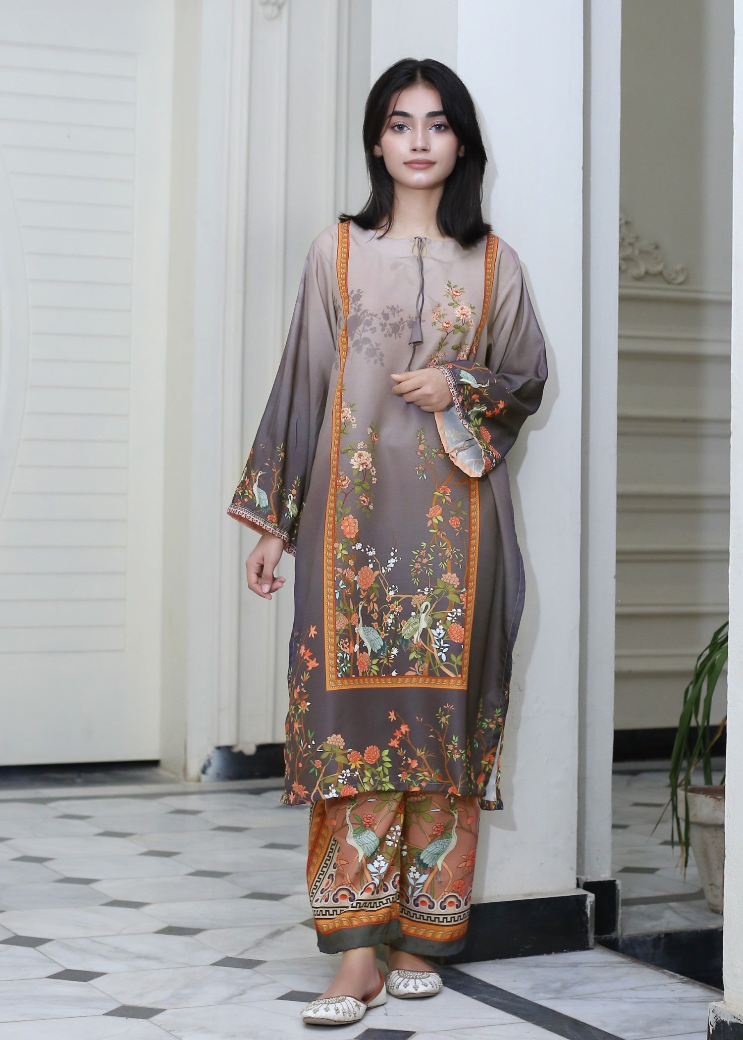 poly lawn Kurta Set in Multi, grey