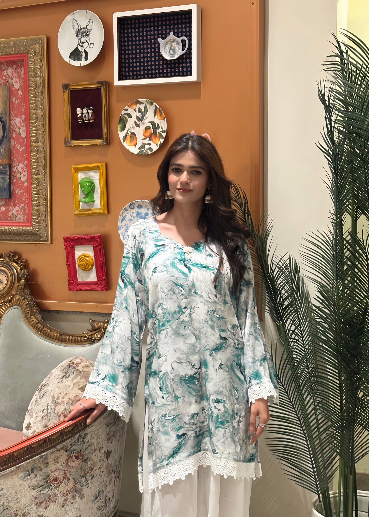 arabic lawn Kurta Set in Bottle green, white, sea green