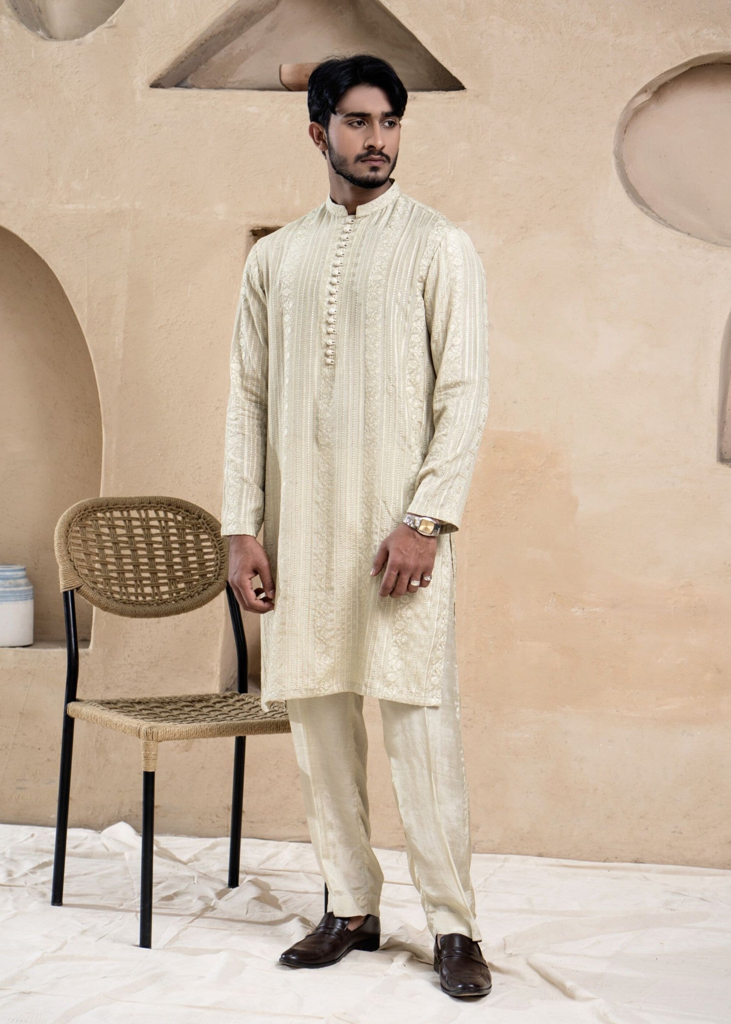 viscose raw silk Kurta Set in Ivory by Handr By Raza