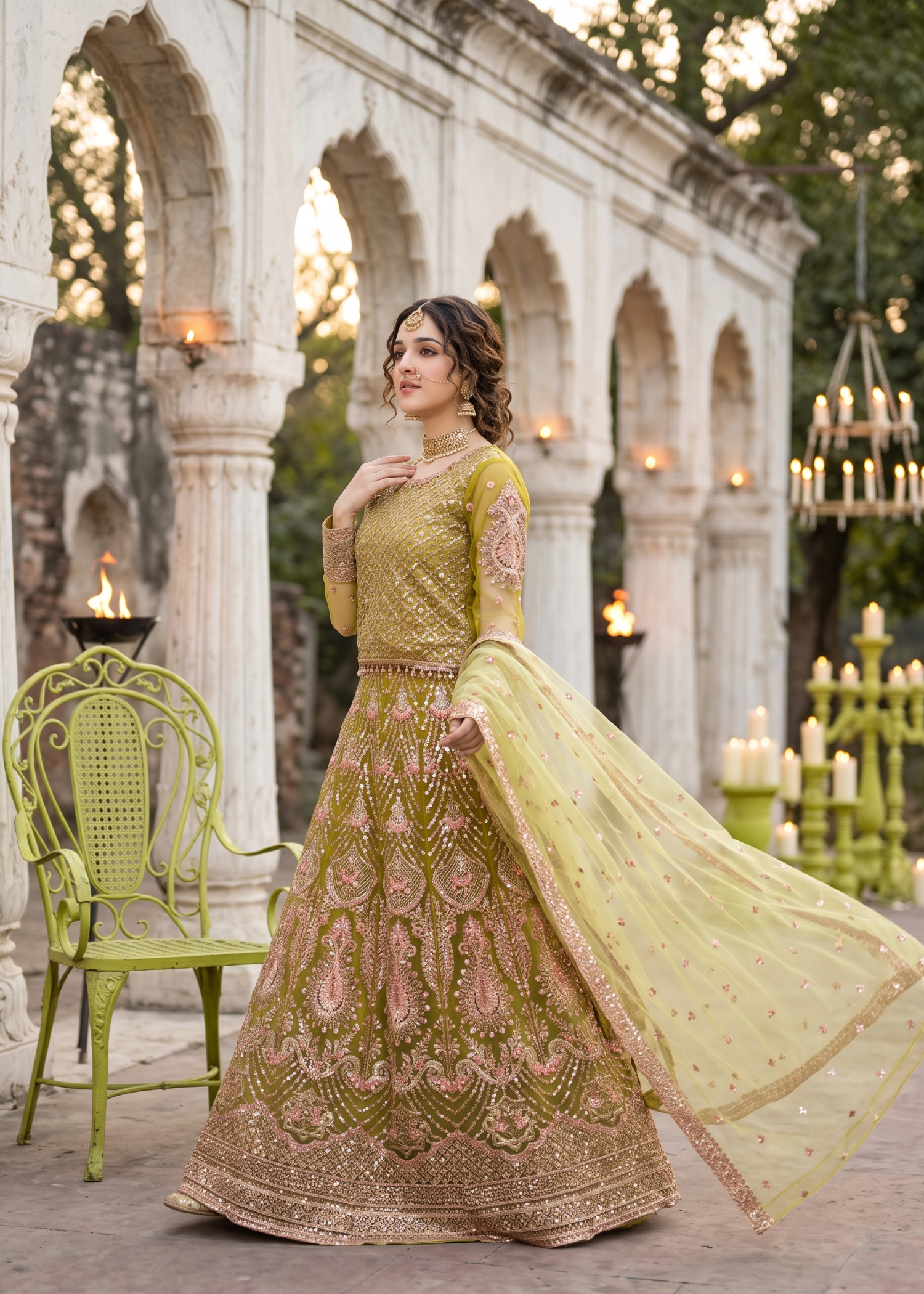 net Lehenga in Pink, pear