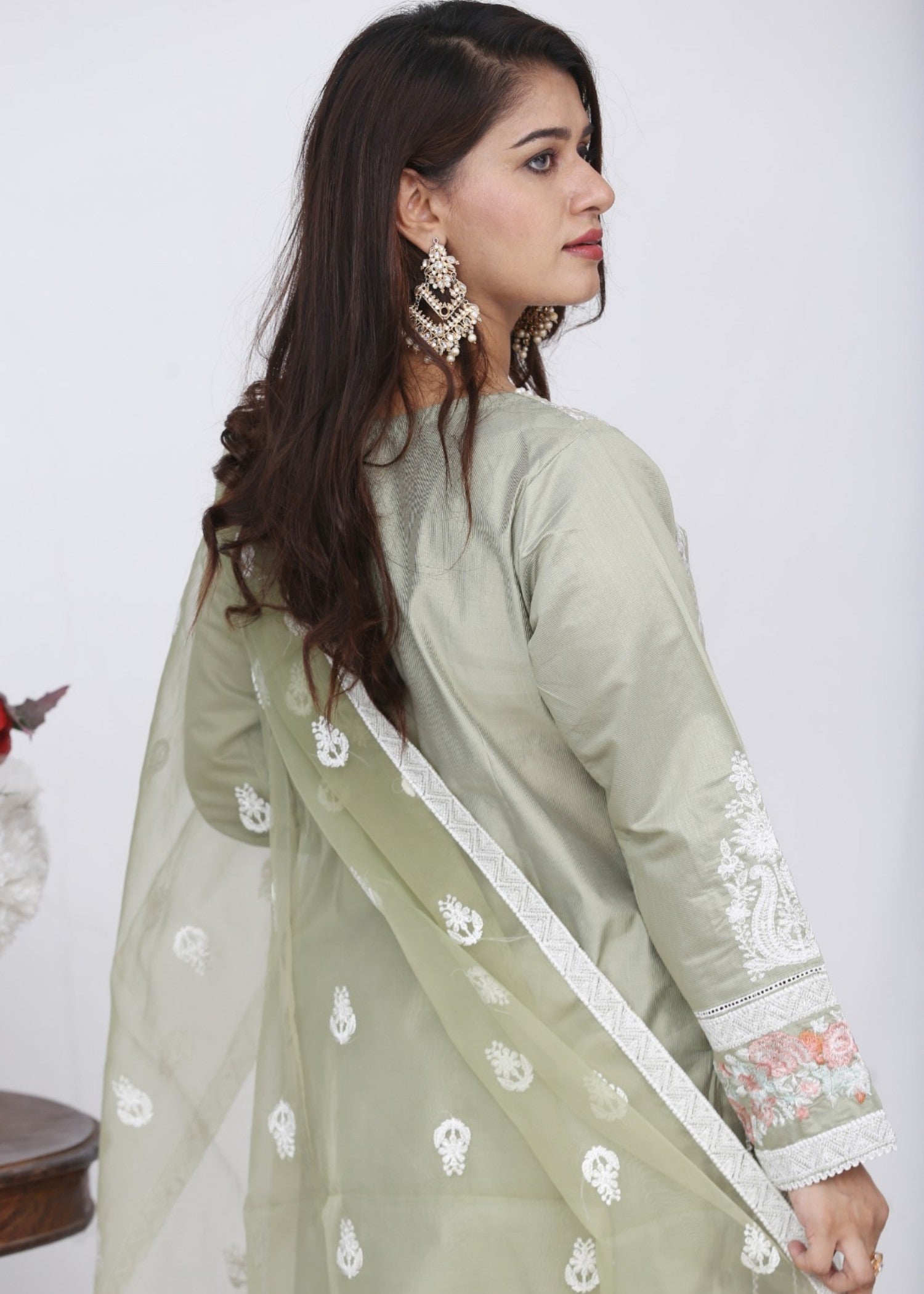 khaddi net Kurta Set in Pistachio green