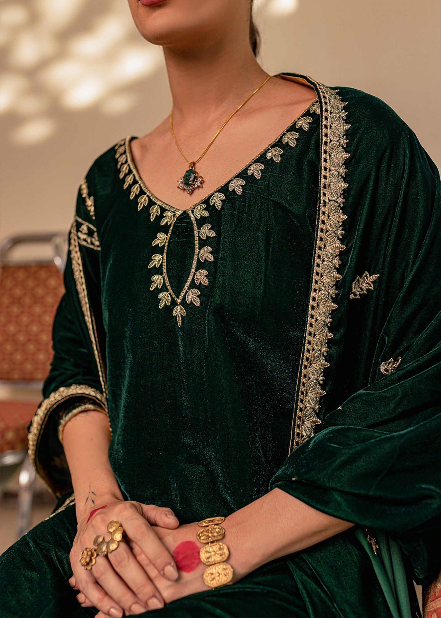 chinese micro velvet 9000 Kurta Set in Dark green