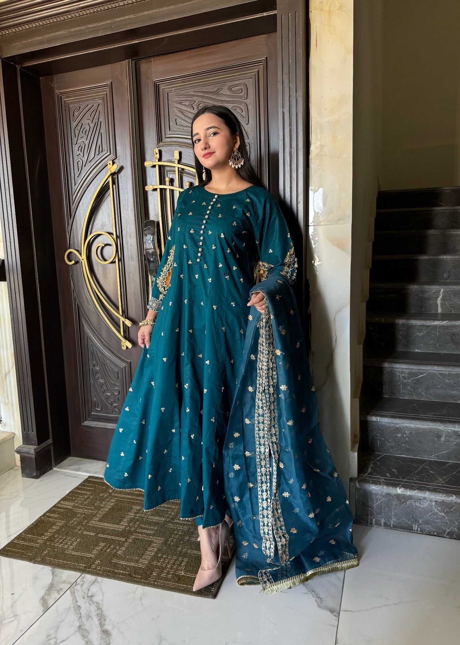 raw silk Pishwas in Teal