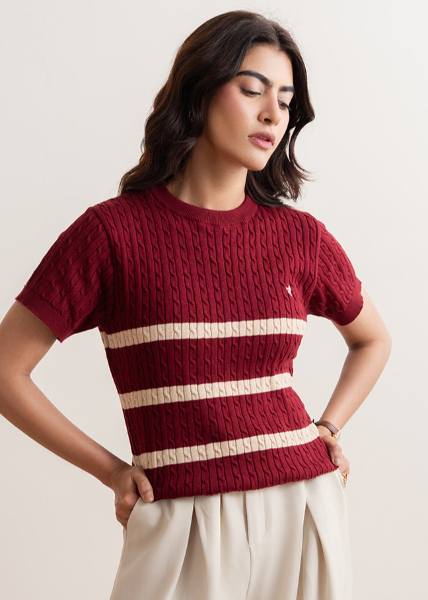 interlock knit T Shirt in Maroon