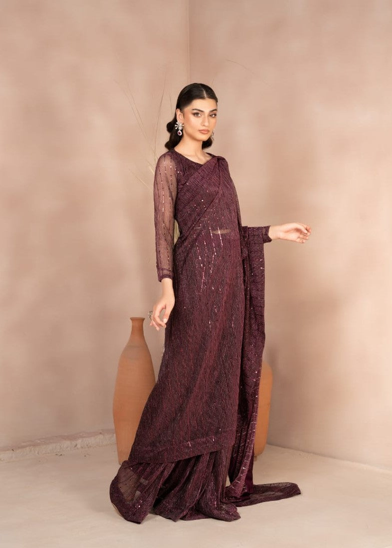 net Saree in Plum