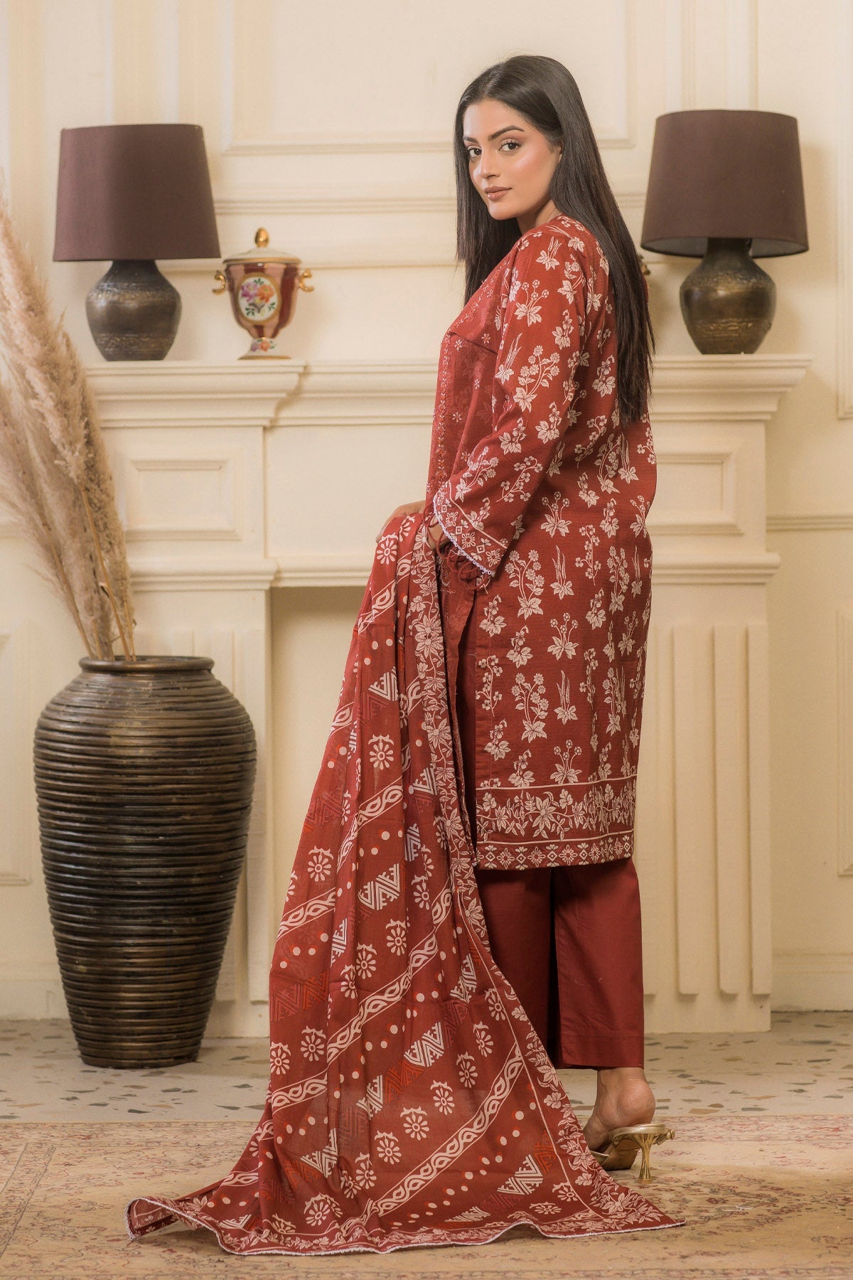 lawn voile Kurta Set in Rust orange