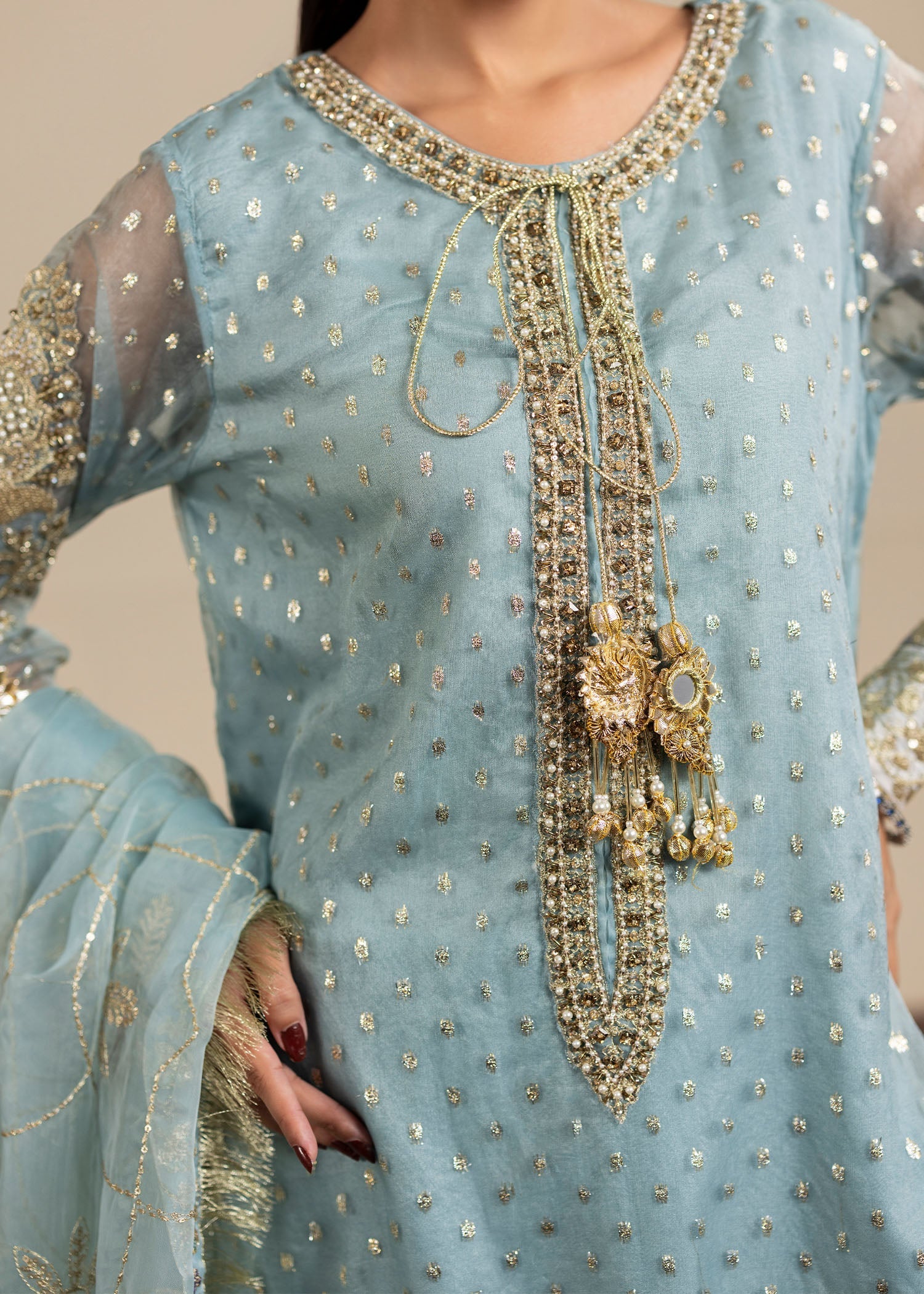 organza Gharara in Ice blue