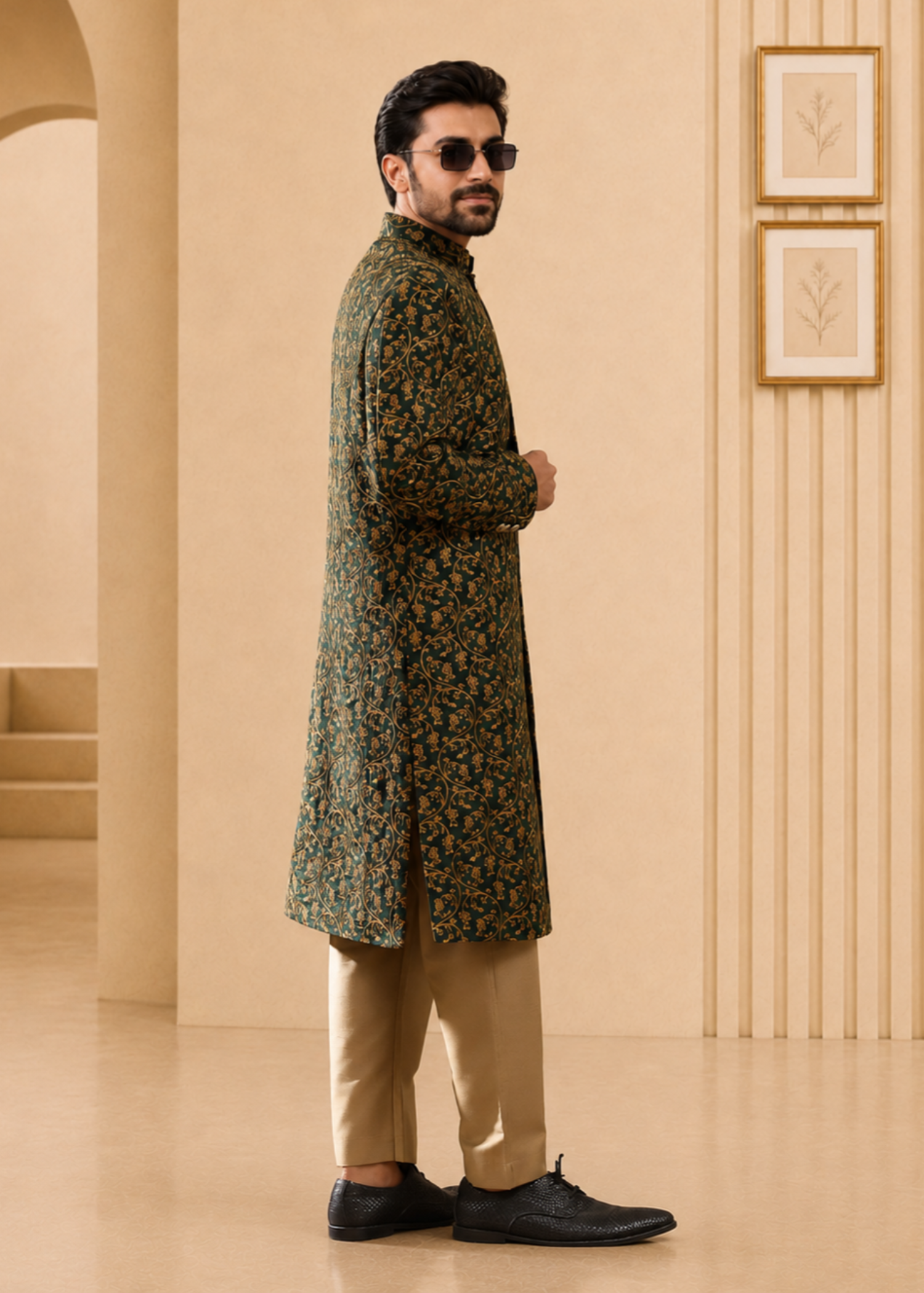jamawar Sherwani in Dark green