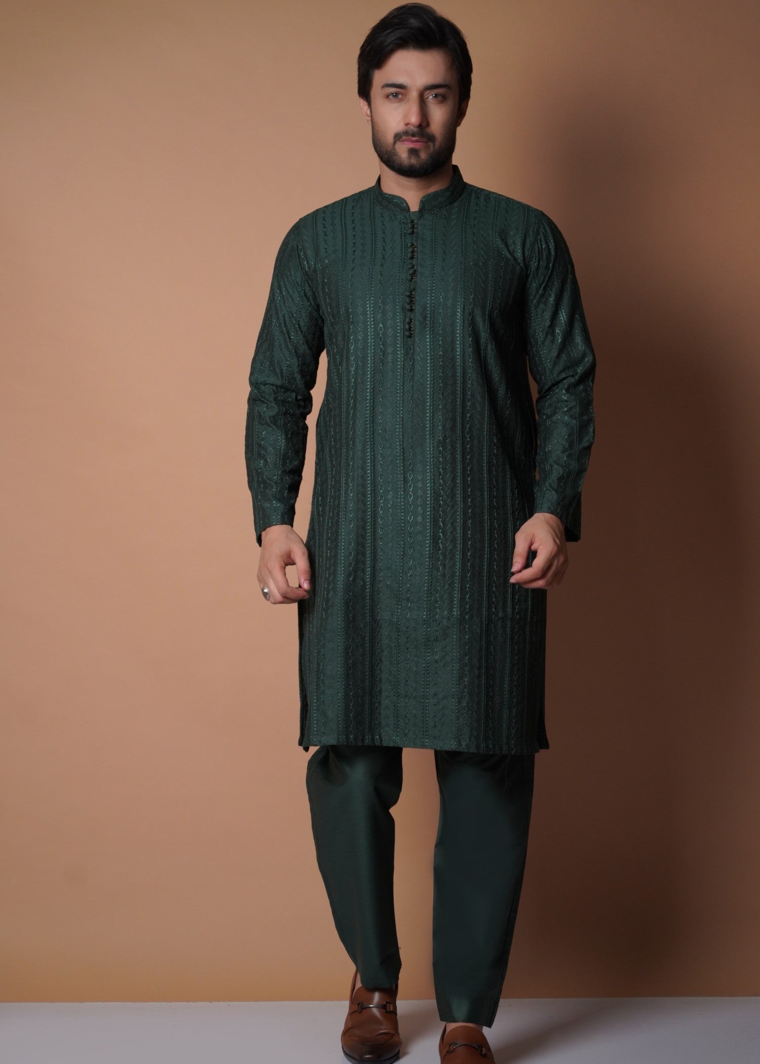 cotton silk Kurta Set in Bottle green