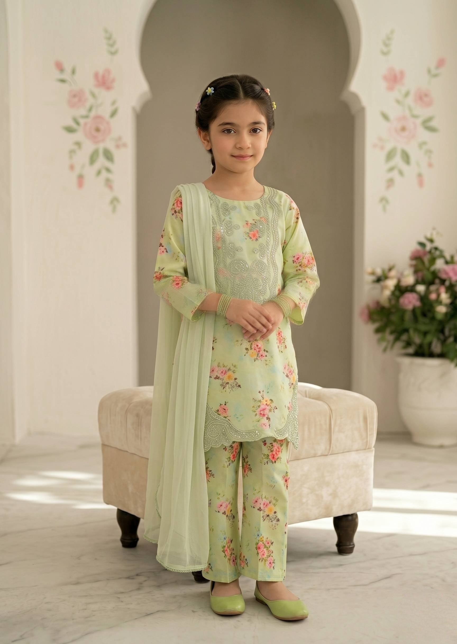 lawn Kurta Set in Acid yellow