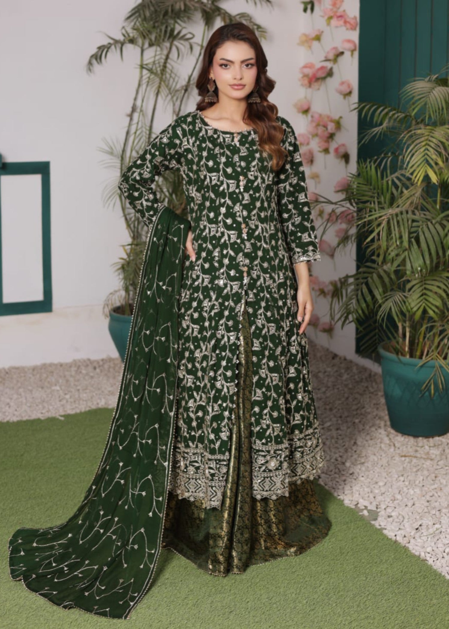bemberg crinkle chiffon Lehenga in Bottle green