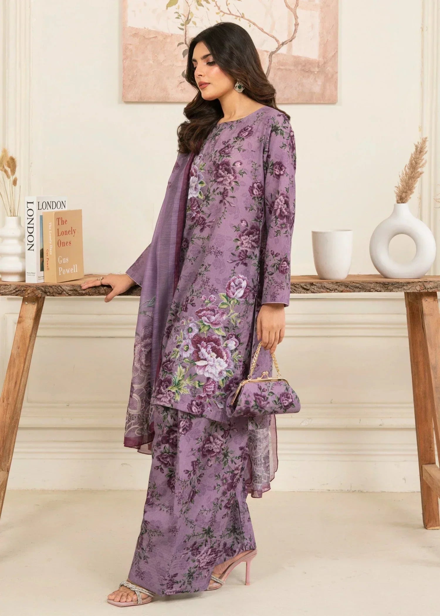 textured lawn Kurta Set in Lavender