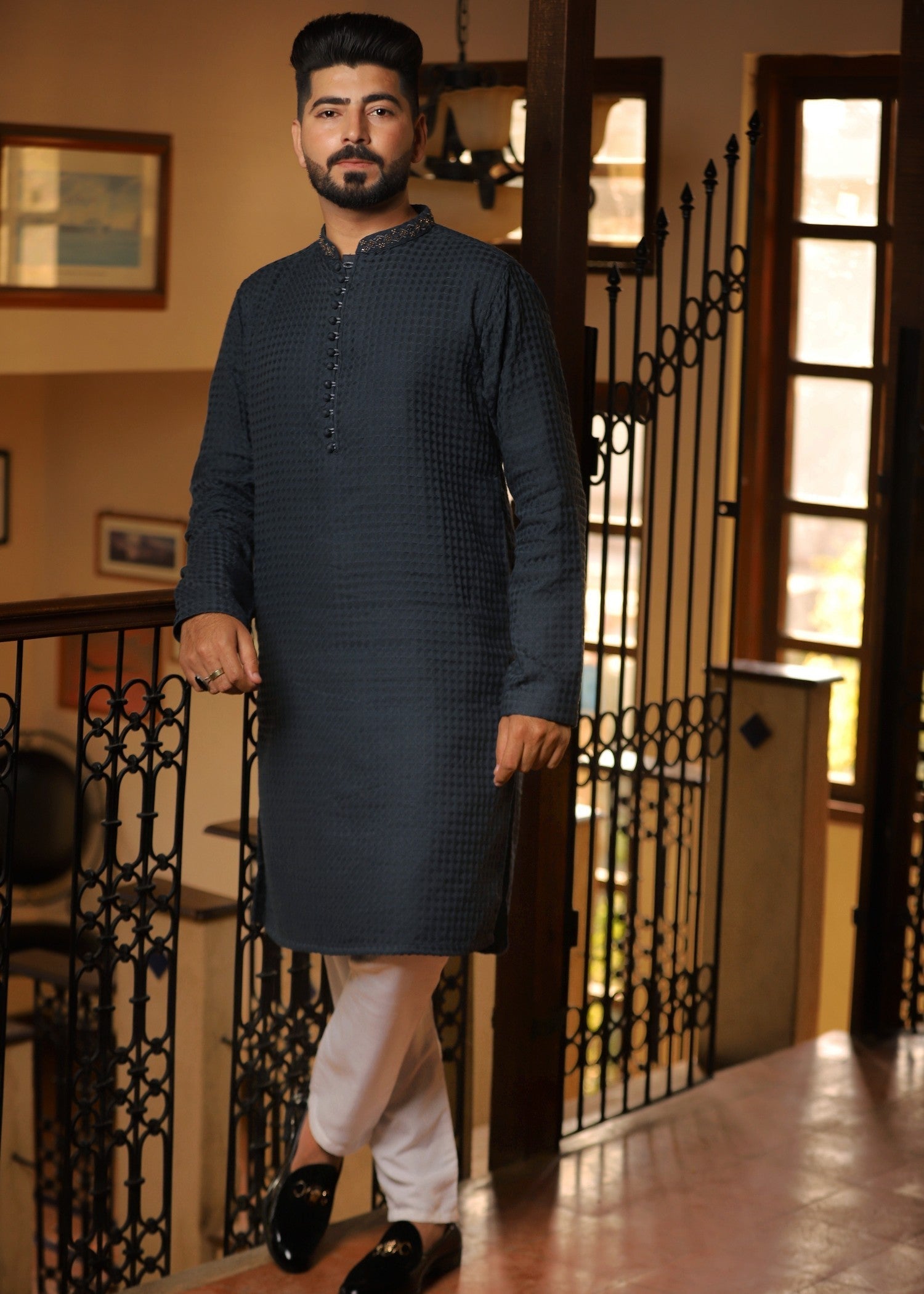 cotton dobby Kurta in Grey
