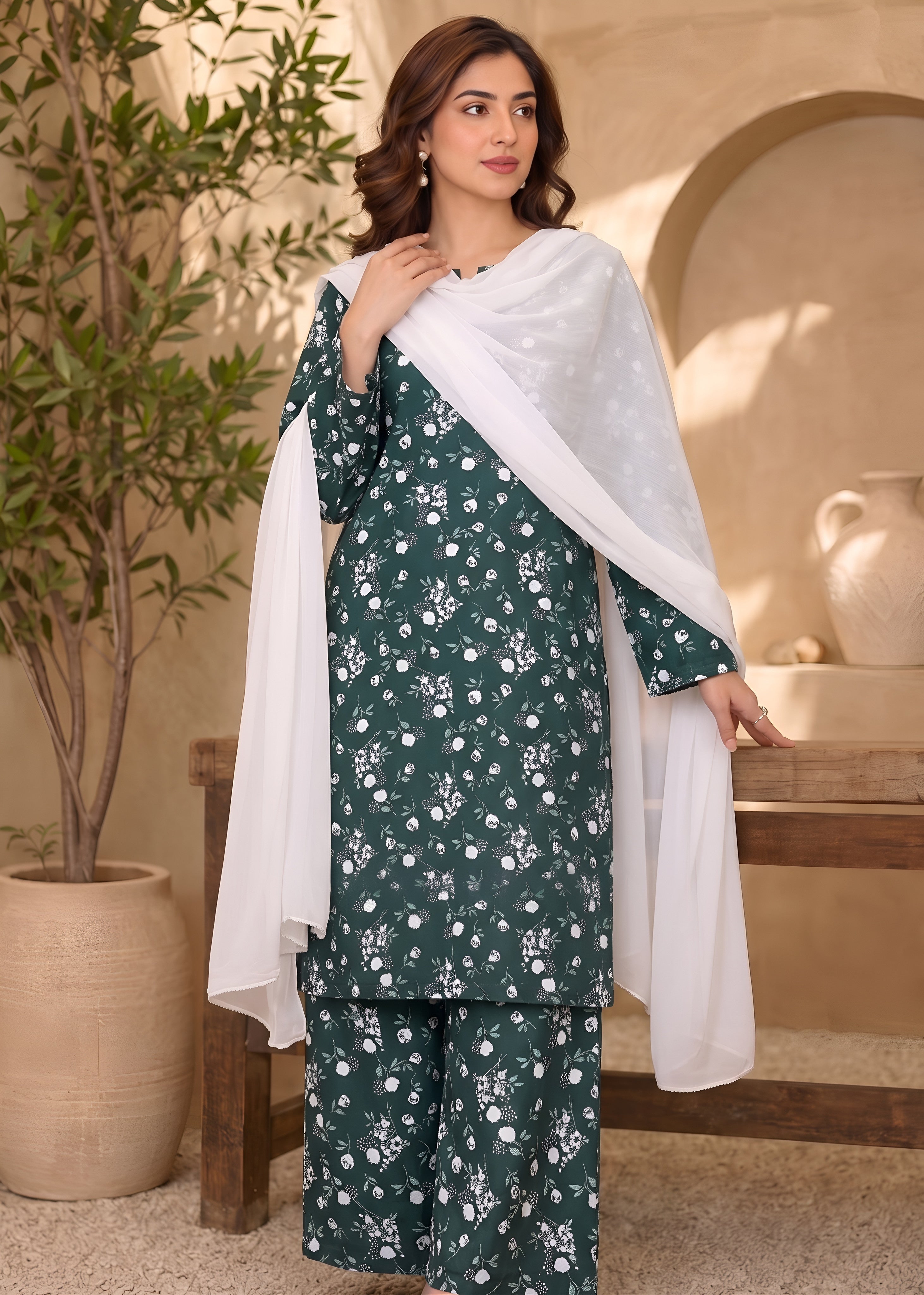 linen Kurta Set in Pine green