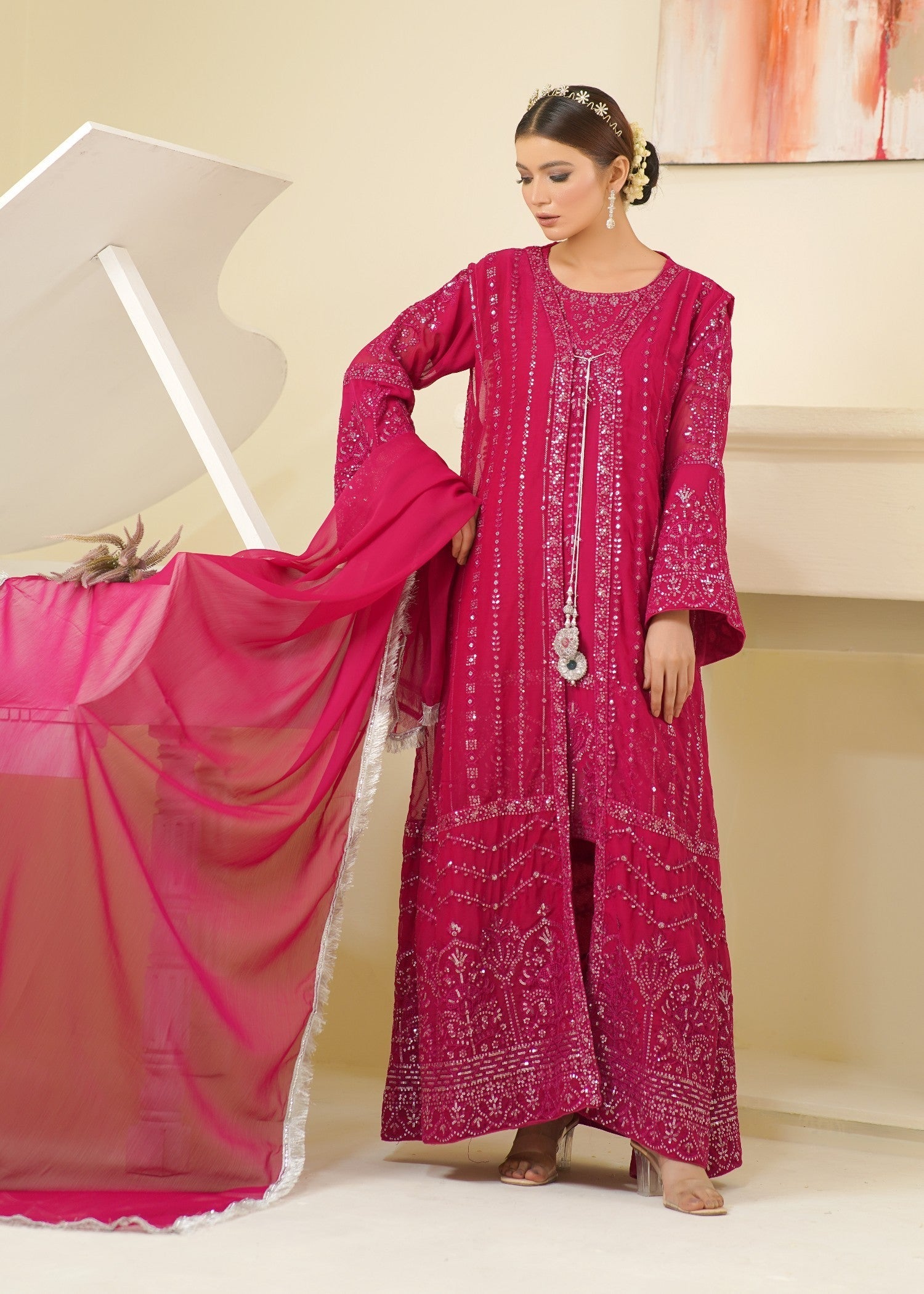 chiffon Gown in Hot pink