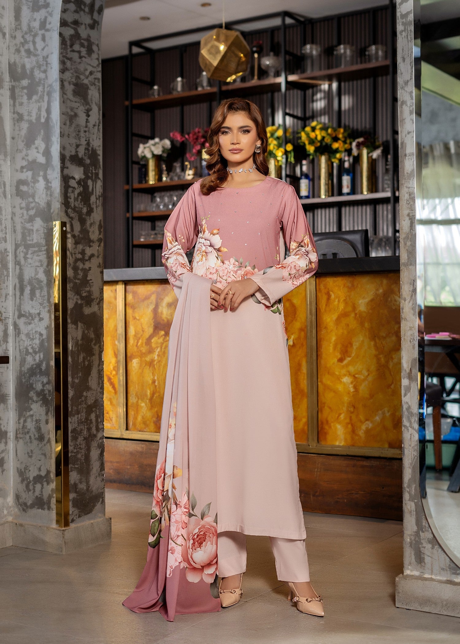 grip Kurta Set in Tea rose pink, peach pink