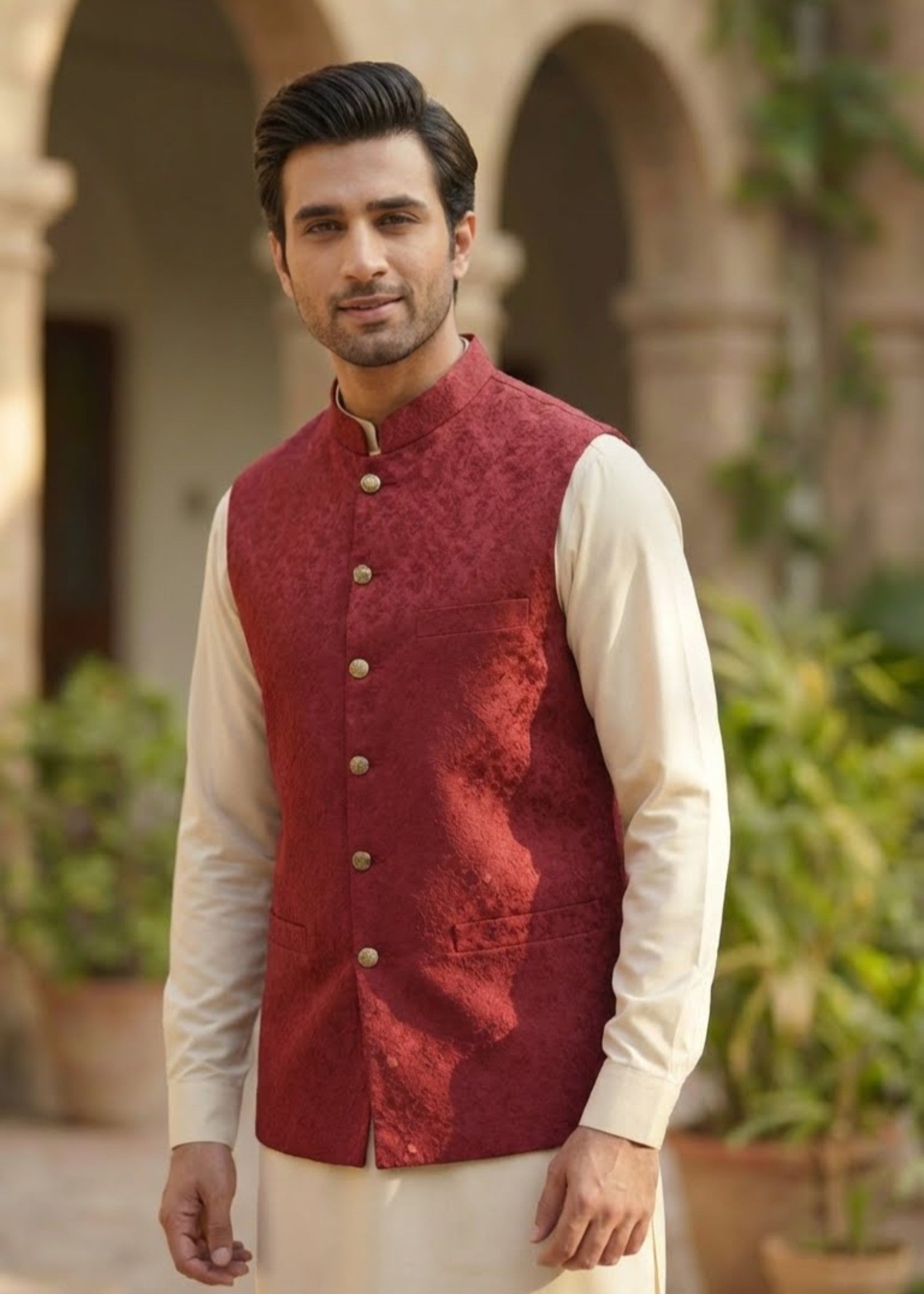 traditional jamawar Waistcoat in Maroon
