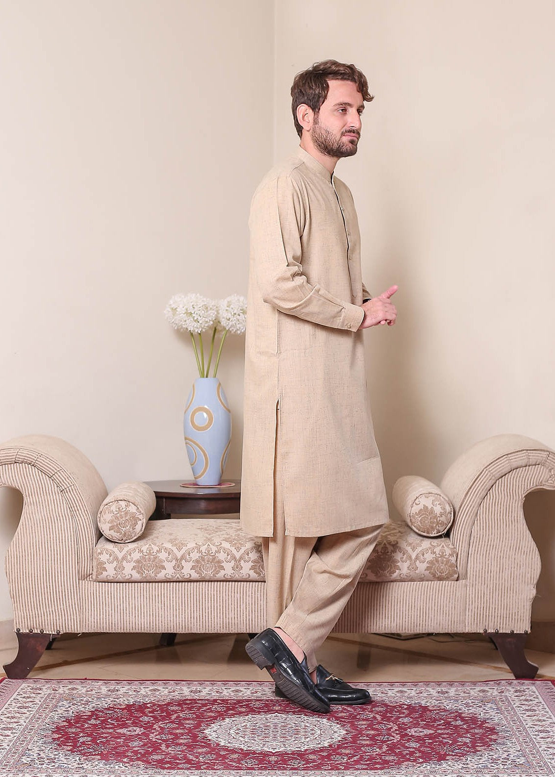 textured wash & wear Shalwar Kameez in Camel brown