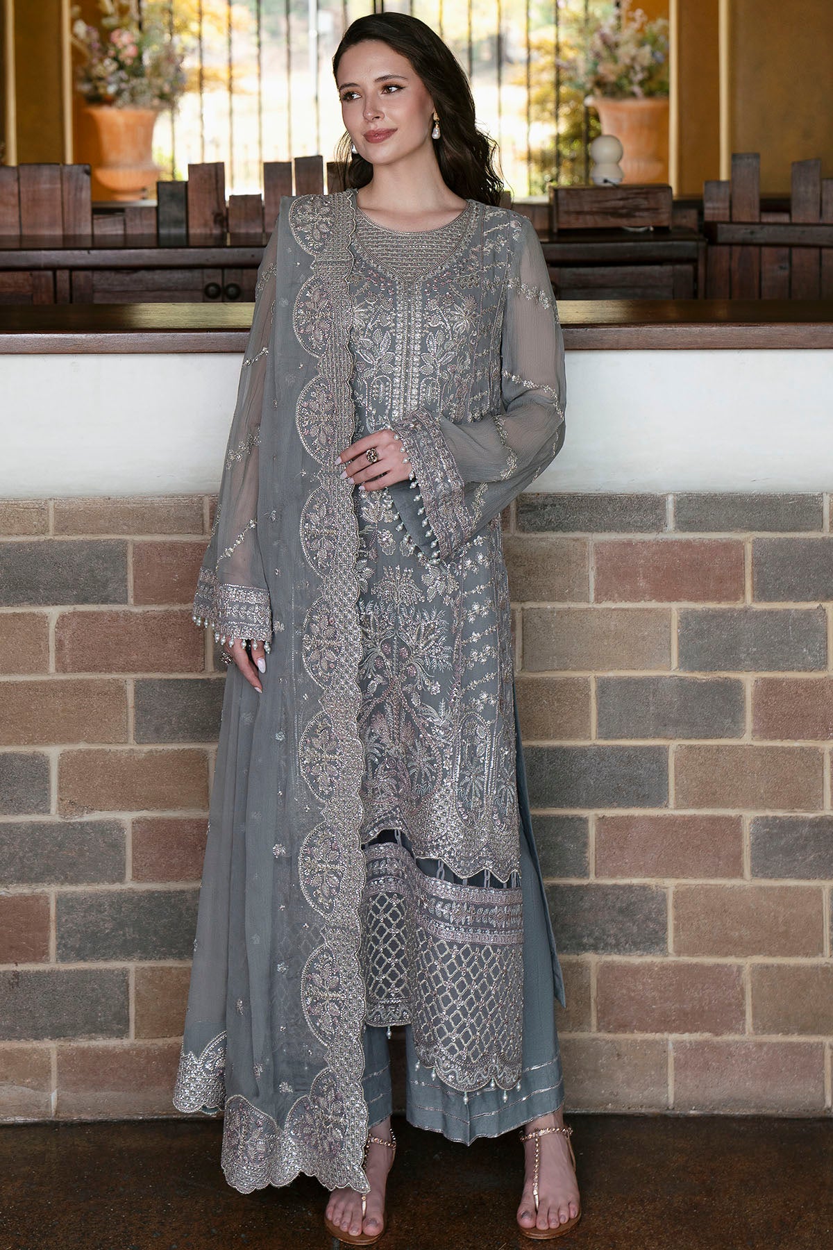 crinkle chiffon Kurta Set in Ash grey