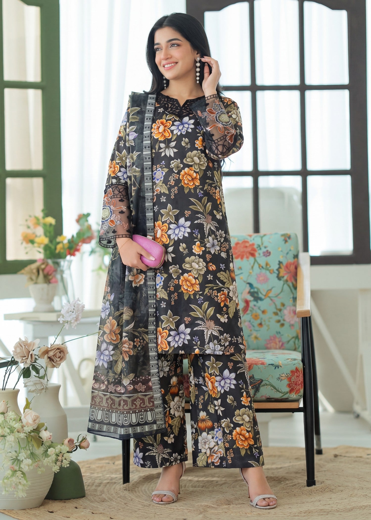 textured lawn Kurta Set in Iron grey