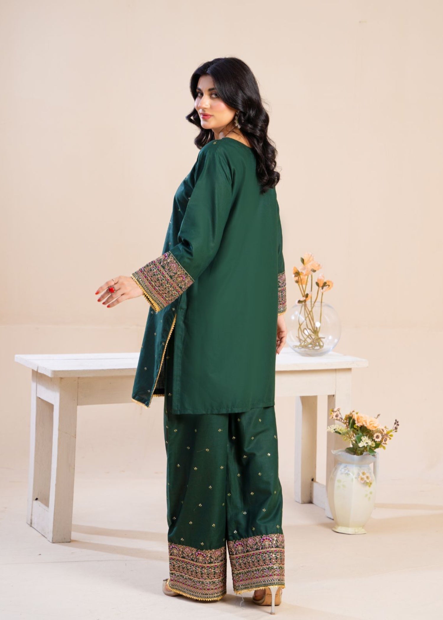 cambric Kurta Set in Bottle green