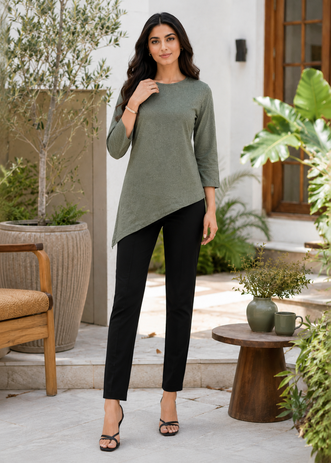 single jersey knit Top in Olive green