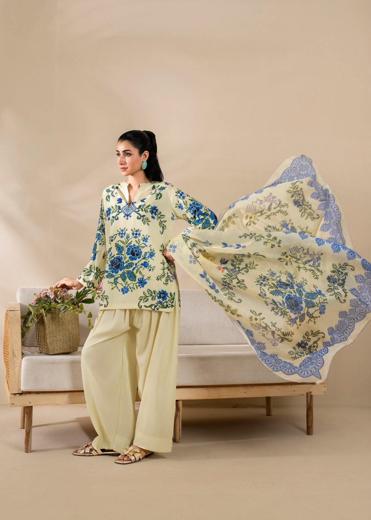 poly lawn Kurta Set in Butter