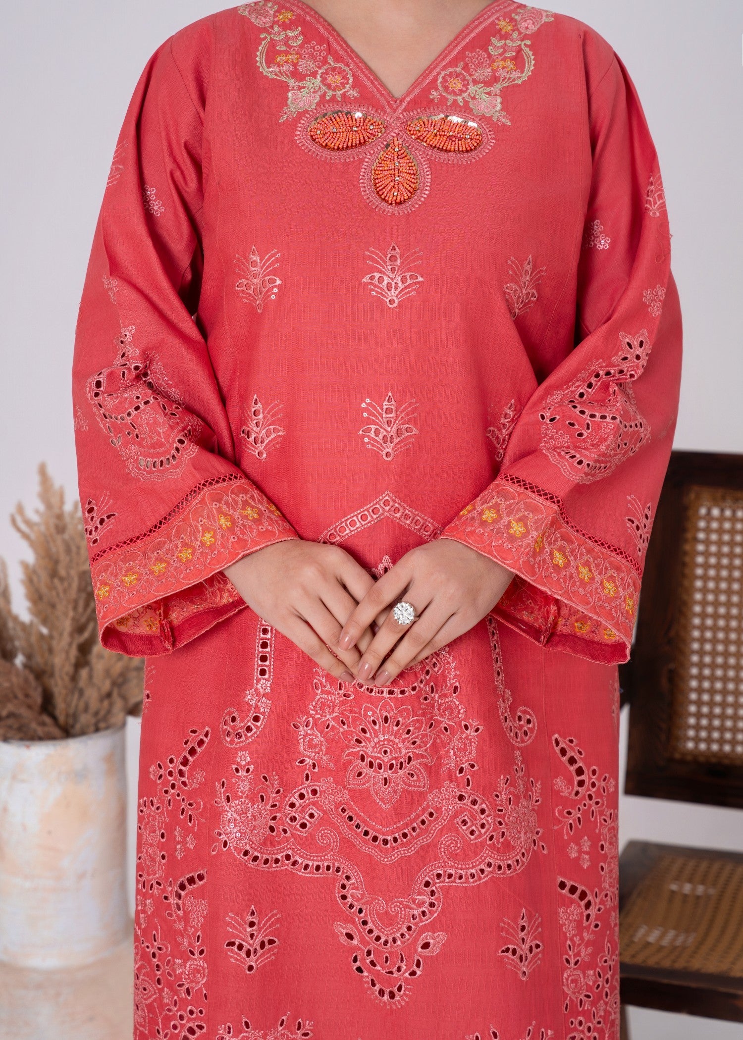 khaddar Kurta Set in Coral pink