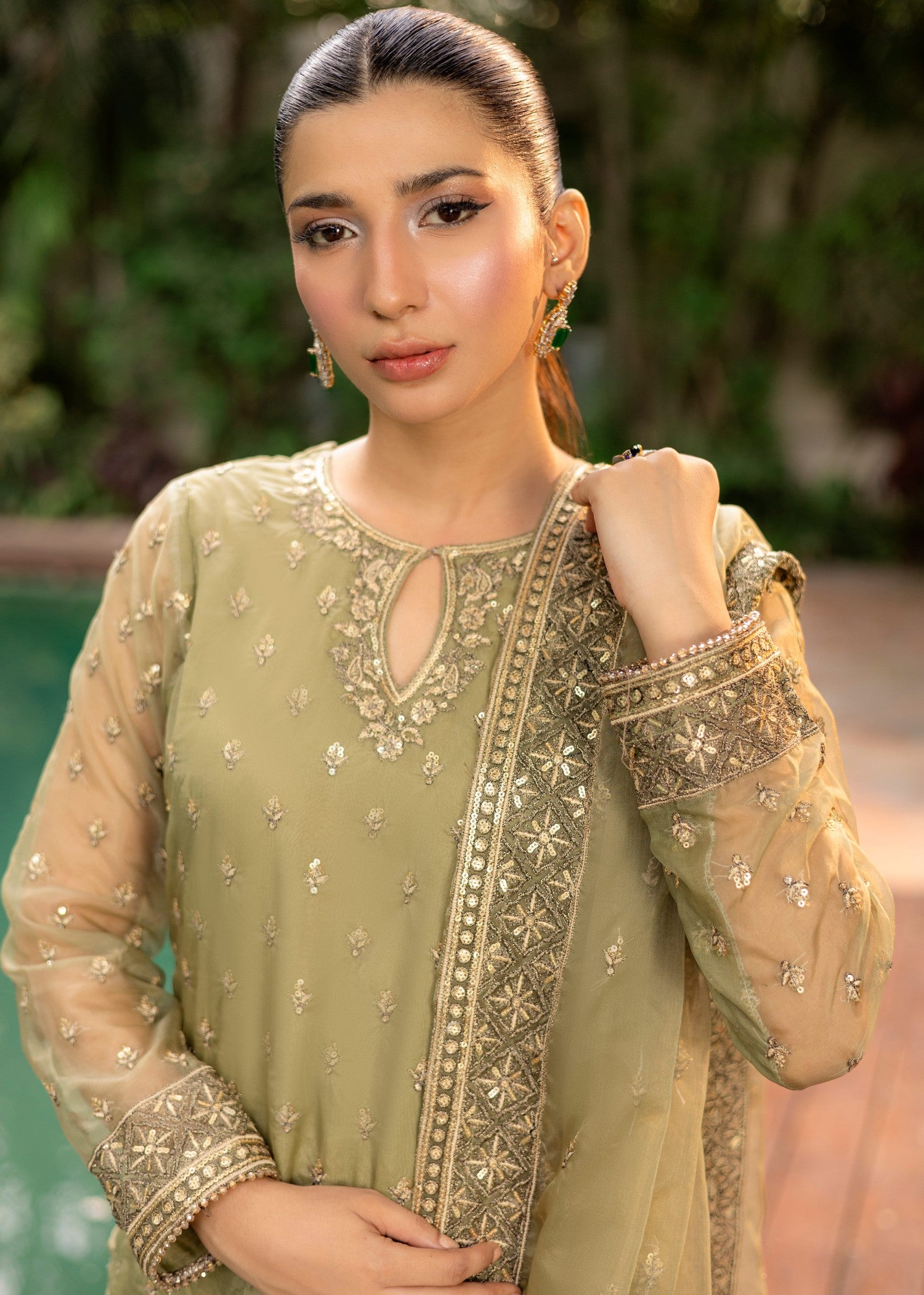 organza Kurta Set in Sage green