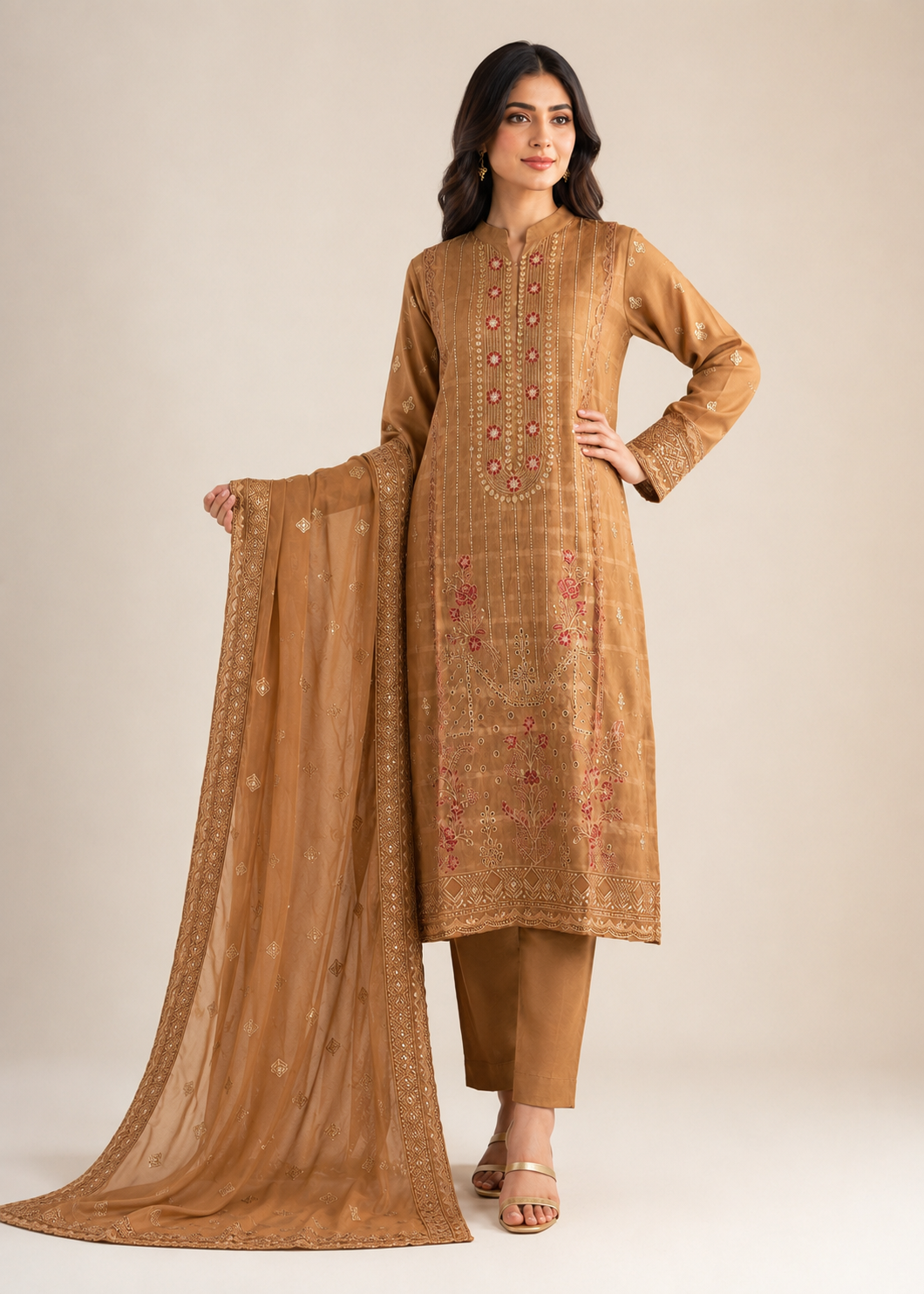 lawn Kurta Set in Camel brown