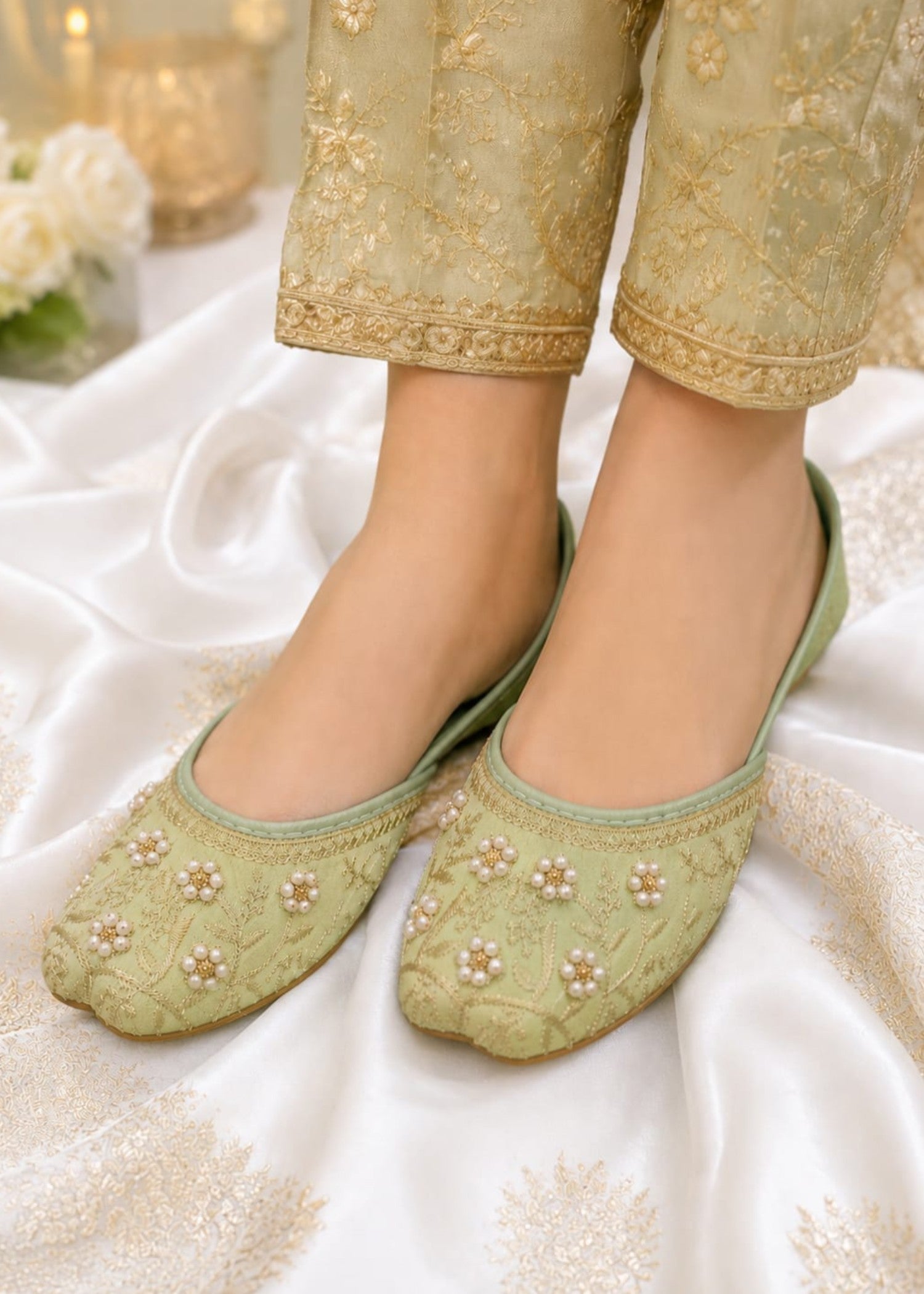 Khussa in Tea green by - High Quality Women Khussa RIH9254