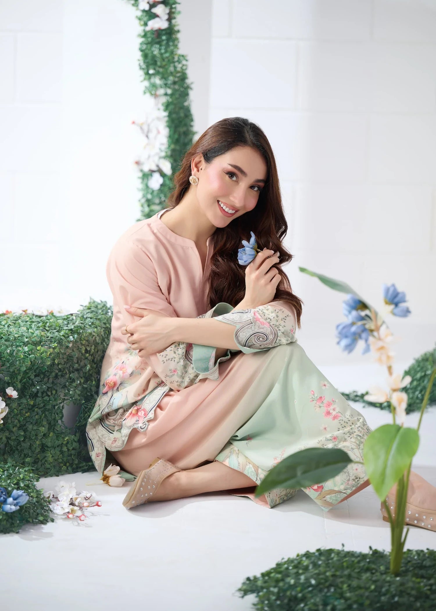 raw silk Kurta Set in Pink, mint green