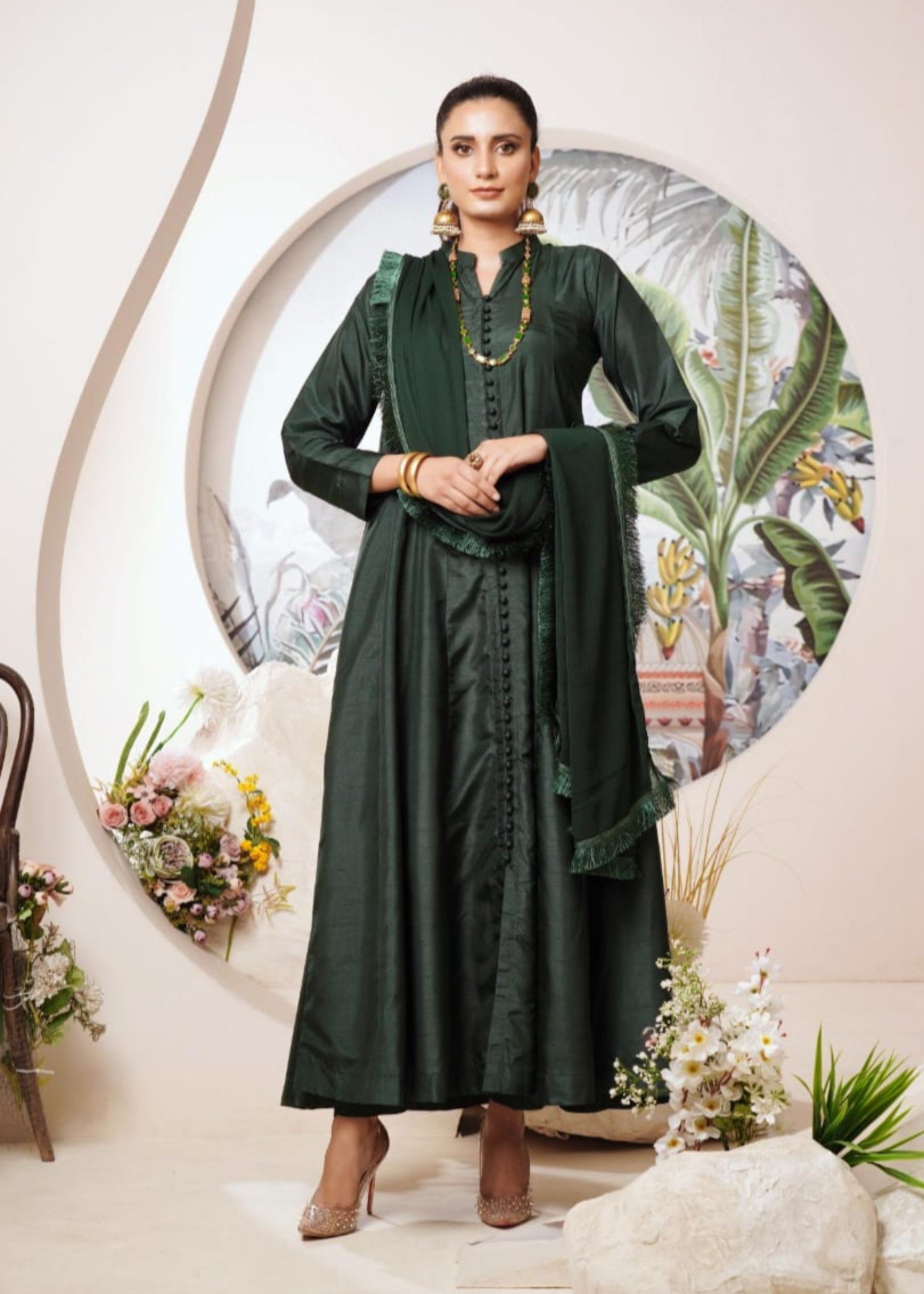 raw silk Pishwas in Green
