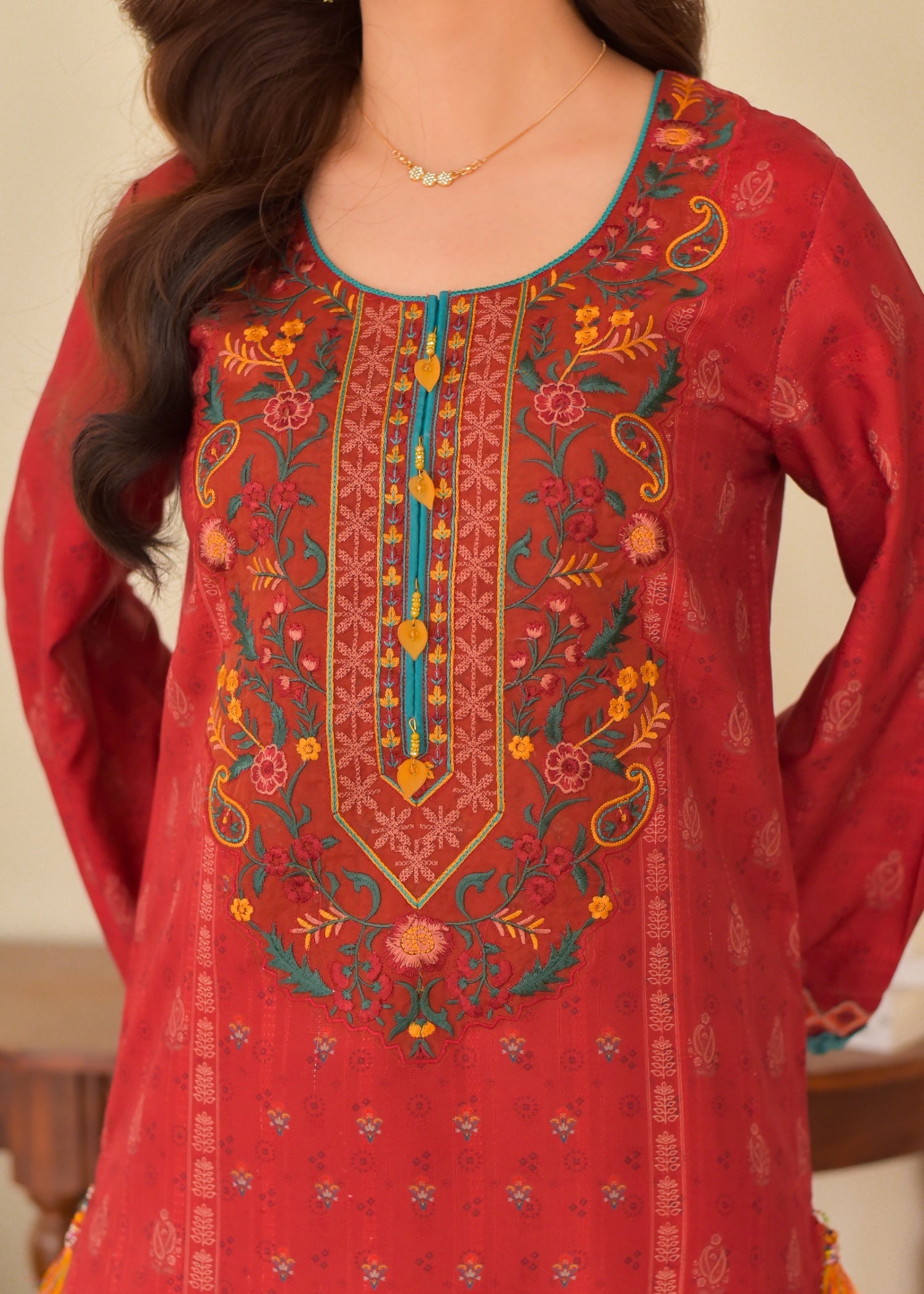 slub cambric Kurta Set in Red