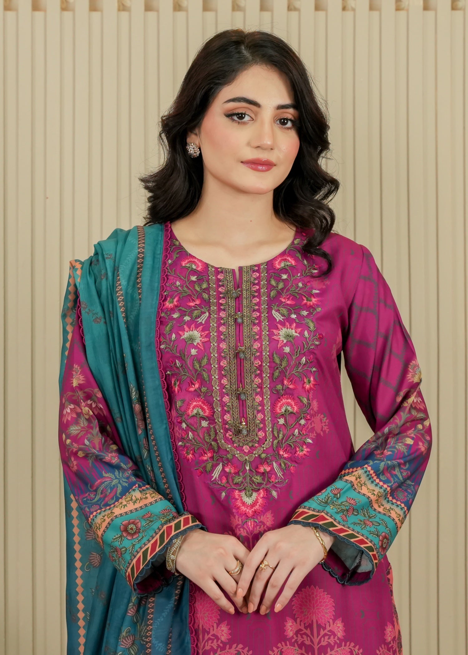 slub lawn Kurta Set in Magenta