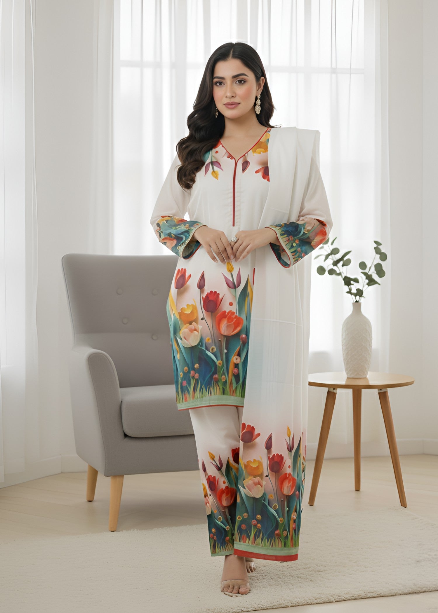 crepe Kurta Set in Off-white