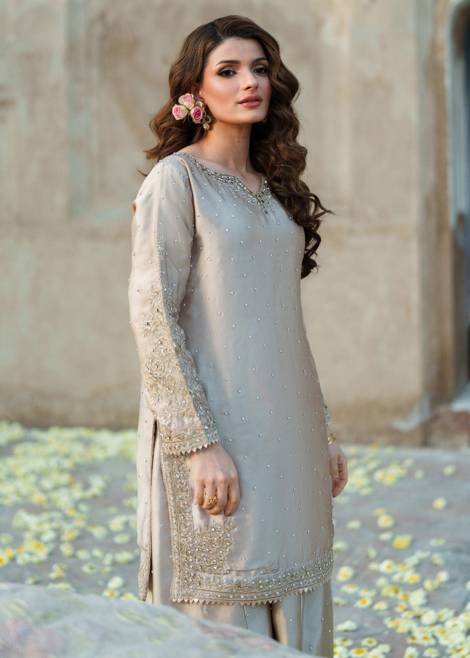 silk charmeuse Kurta Set in Beige